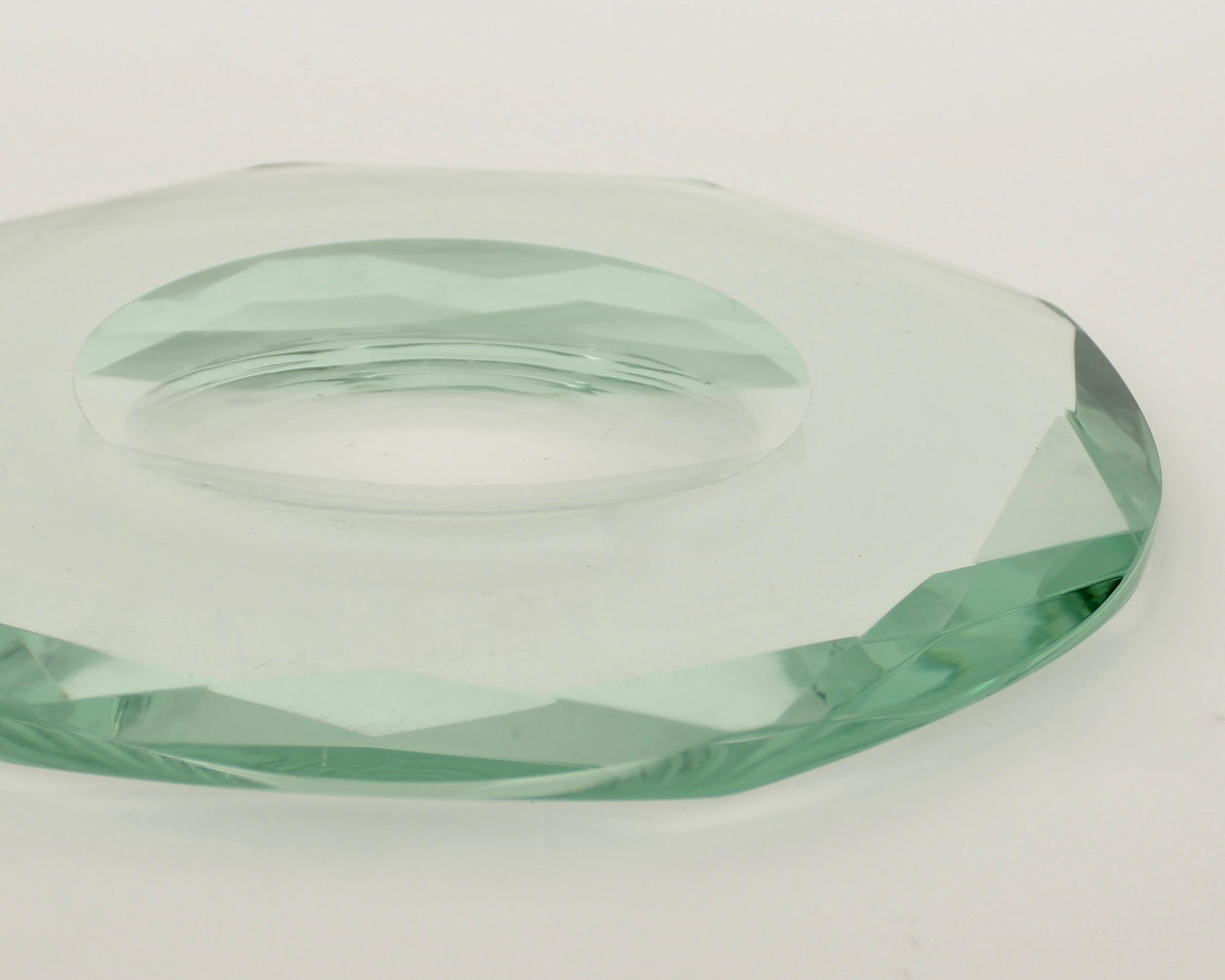 Fontana Arte Italian Multi Faceted Round Pale Green Glass Vide Poche or Dish 4