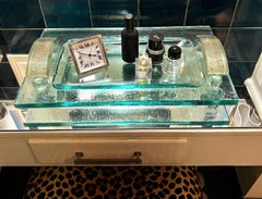 Plateau de service ou de coiffeuse italien sur pied en verre de Murano avec dorure Fontana Arte