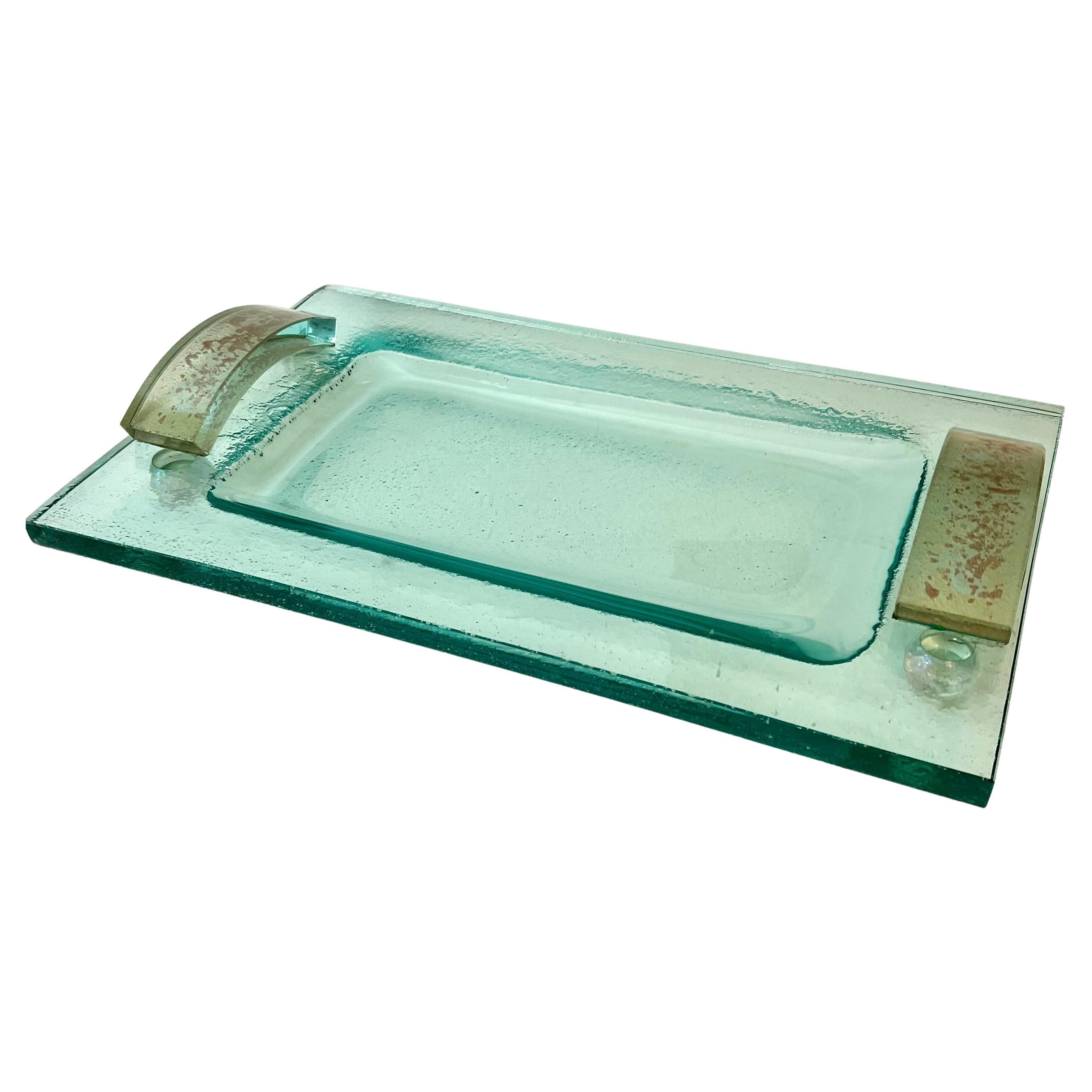 Fontana Arte Italian Murano Glass Footed Serving or Vanity Tray with Gold