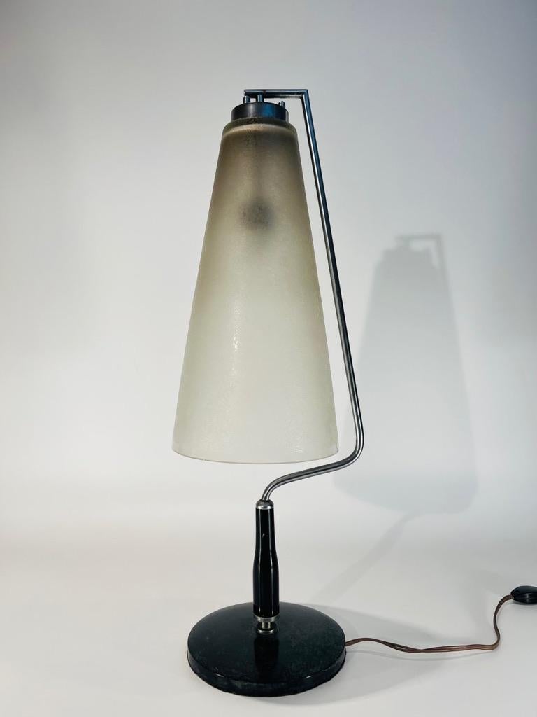 Glass Italian white 1960 glass, marble and wood table lamp. For Sale