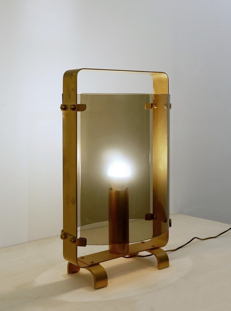 Fontana Arte lamp in gilded brass and smoked glass - 1960s.
