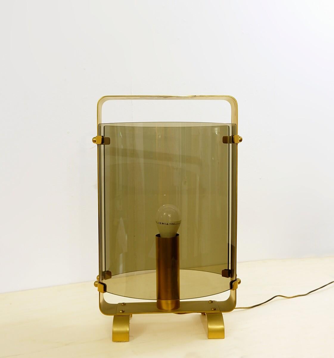 Mid-Century Modern Fontana Arte Lamp in Gilded Brass and Smoked Glass, 1960s For Sale