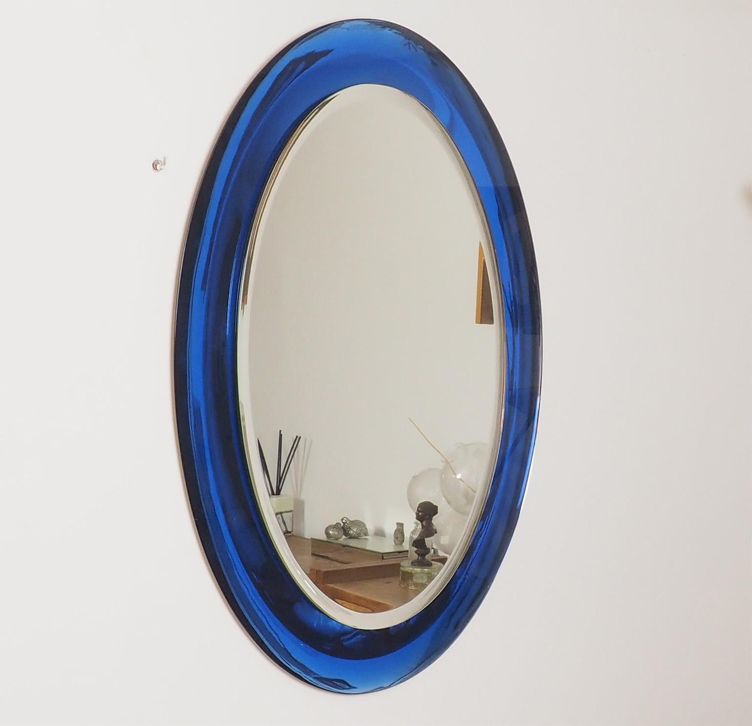 Fontana Arte Large Midcentury Blue Oval Mirror, Fontana Arte Milano, 1950s 3