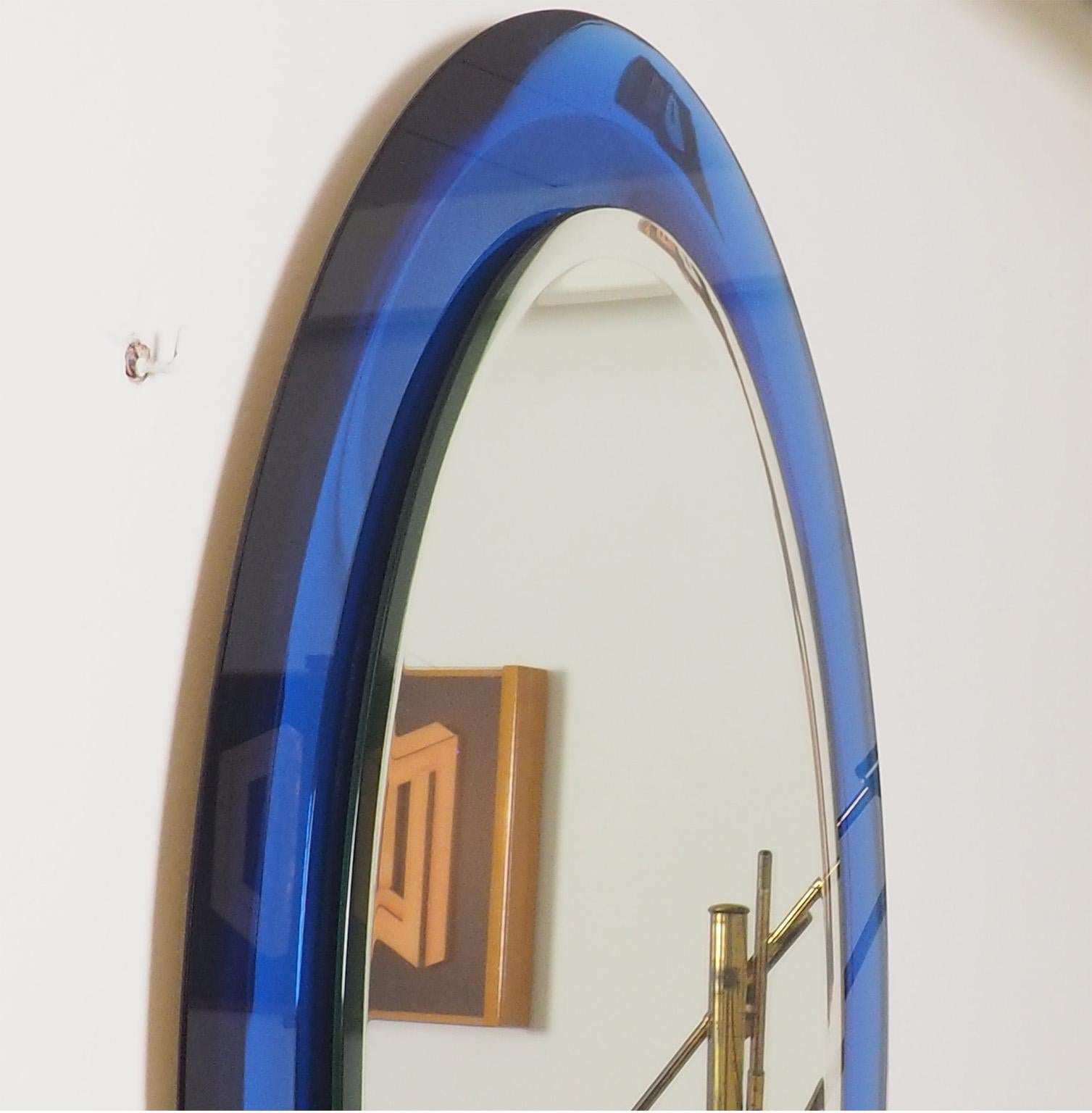 Fontana Arte Large Midcentury Blue Oval Mirror, Fontana Arte Milano, 1950s 4