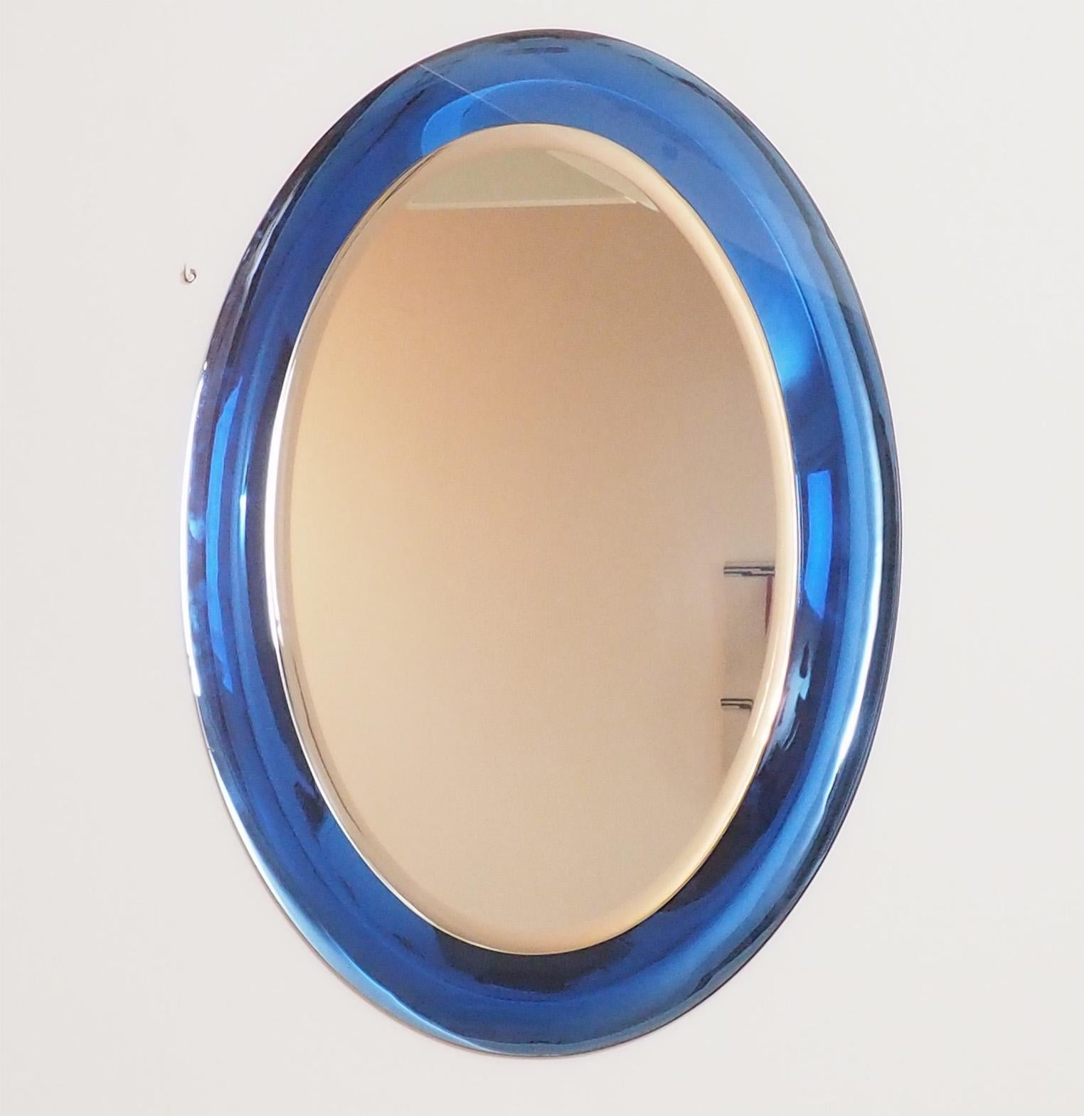 Mid-20th Century Fontana Arte Large Midcentury Blue Oval Mirror, Fontana Arte Milano, 1950s