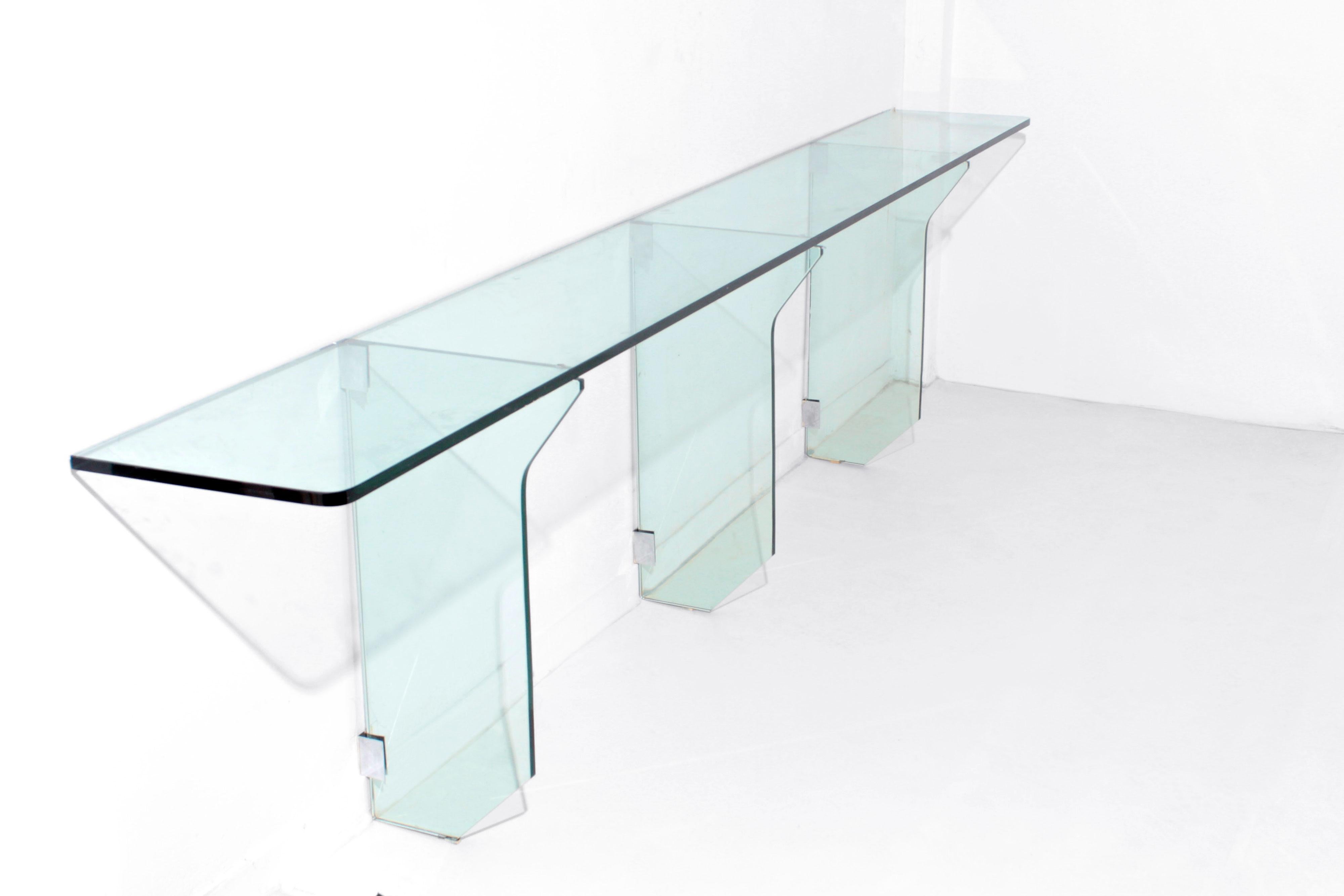 Mid-Century Modern Fontana Arte Large Midcentury Console in Ground Glass and Brass, 1950s