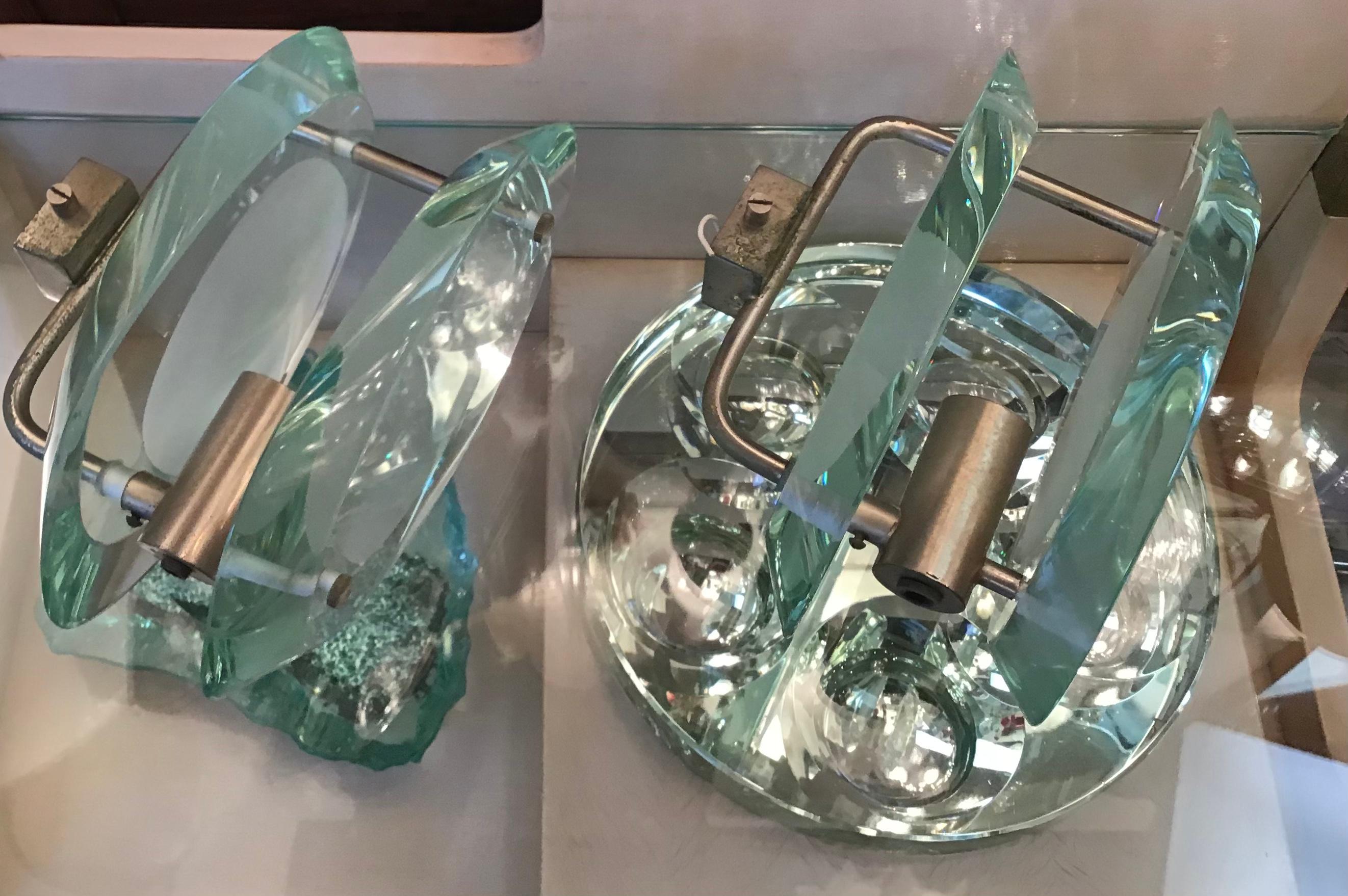 Italian Fontana Arte “Max Ingrand “ Sconces 2093 Glass Metal Crome, 1961, Italy For Sale