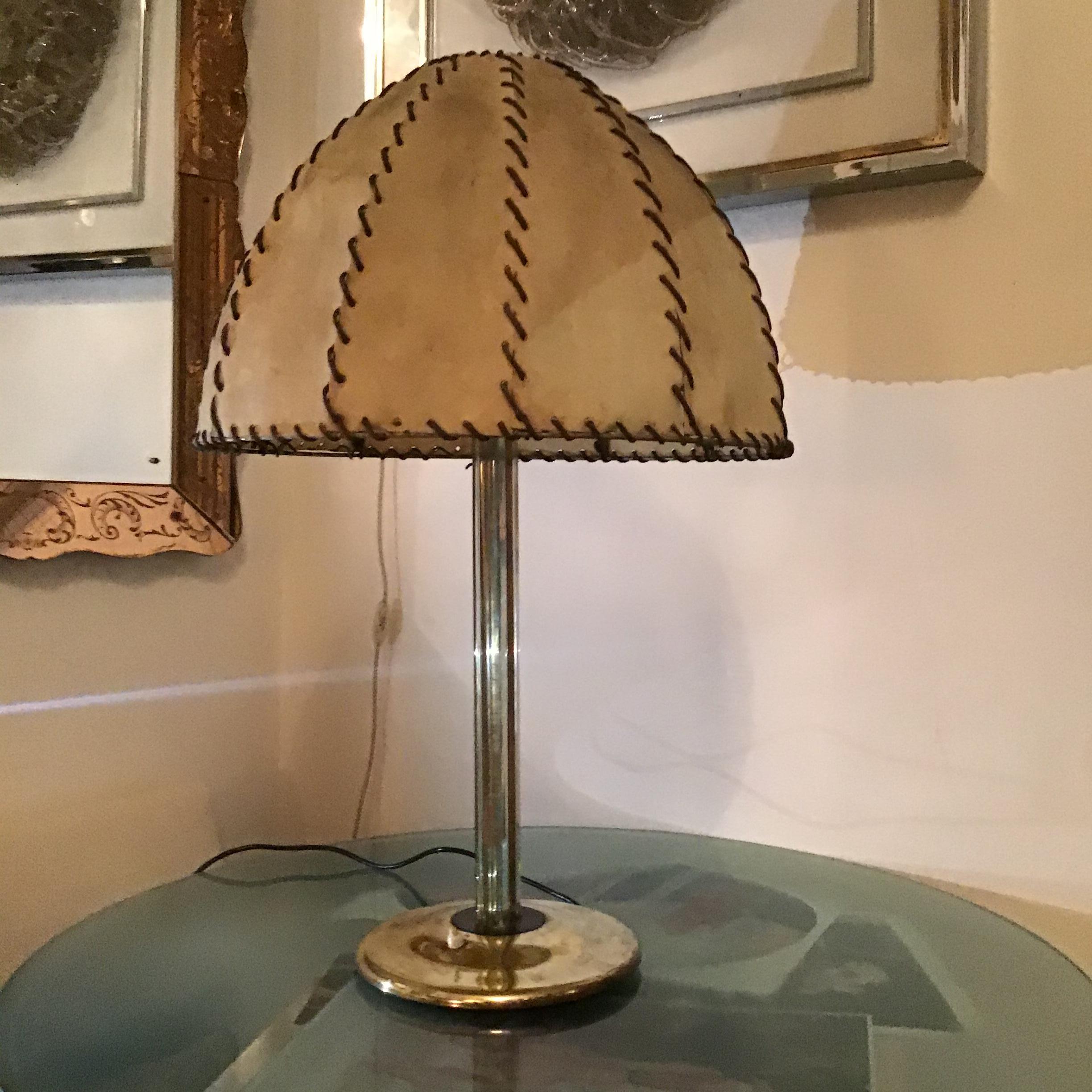 Mid-20th Century Fontana Arte Max Ingrand Table Lamp Brass Glass Wood lampshade 1940 Italy For Sale