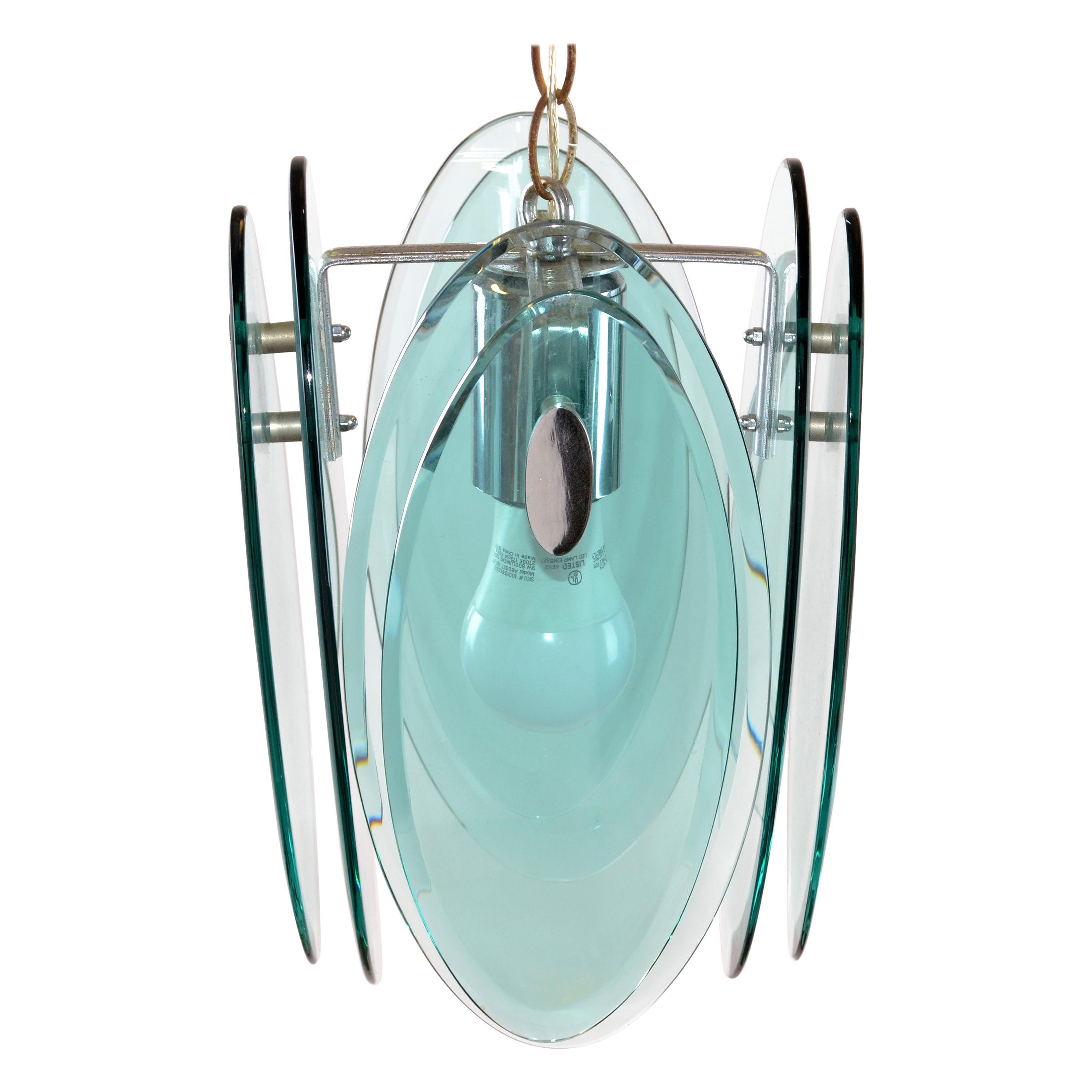 Fontana Arte Mid-Century Modern Beveled Glass and Chrome Pendant Light Fixture For Sale
