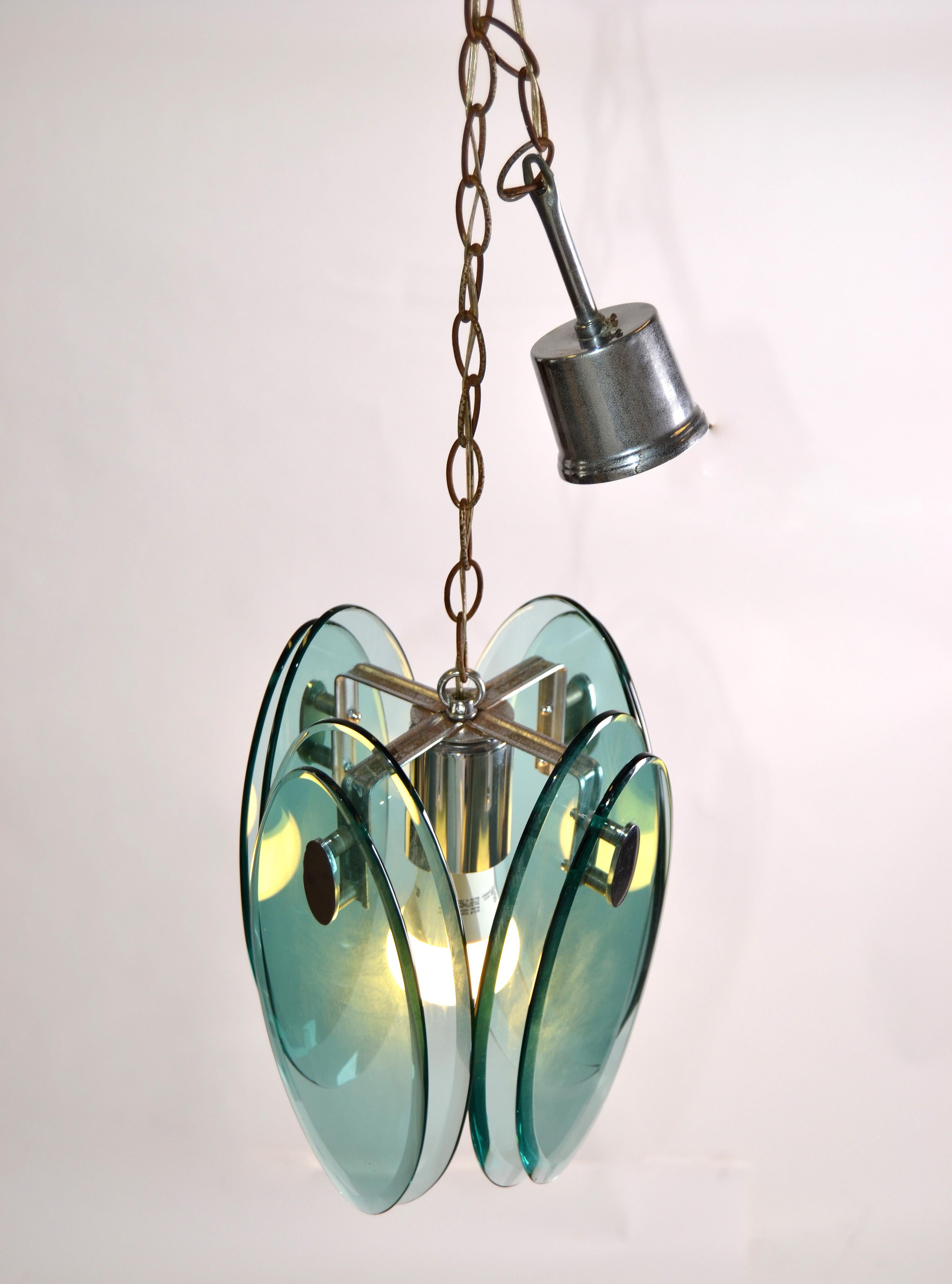 Fontana Arte Mid-Century Modern Beveled Glass and Chrome Pendant Light Fixture For Sale 8