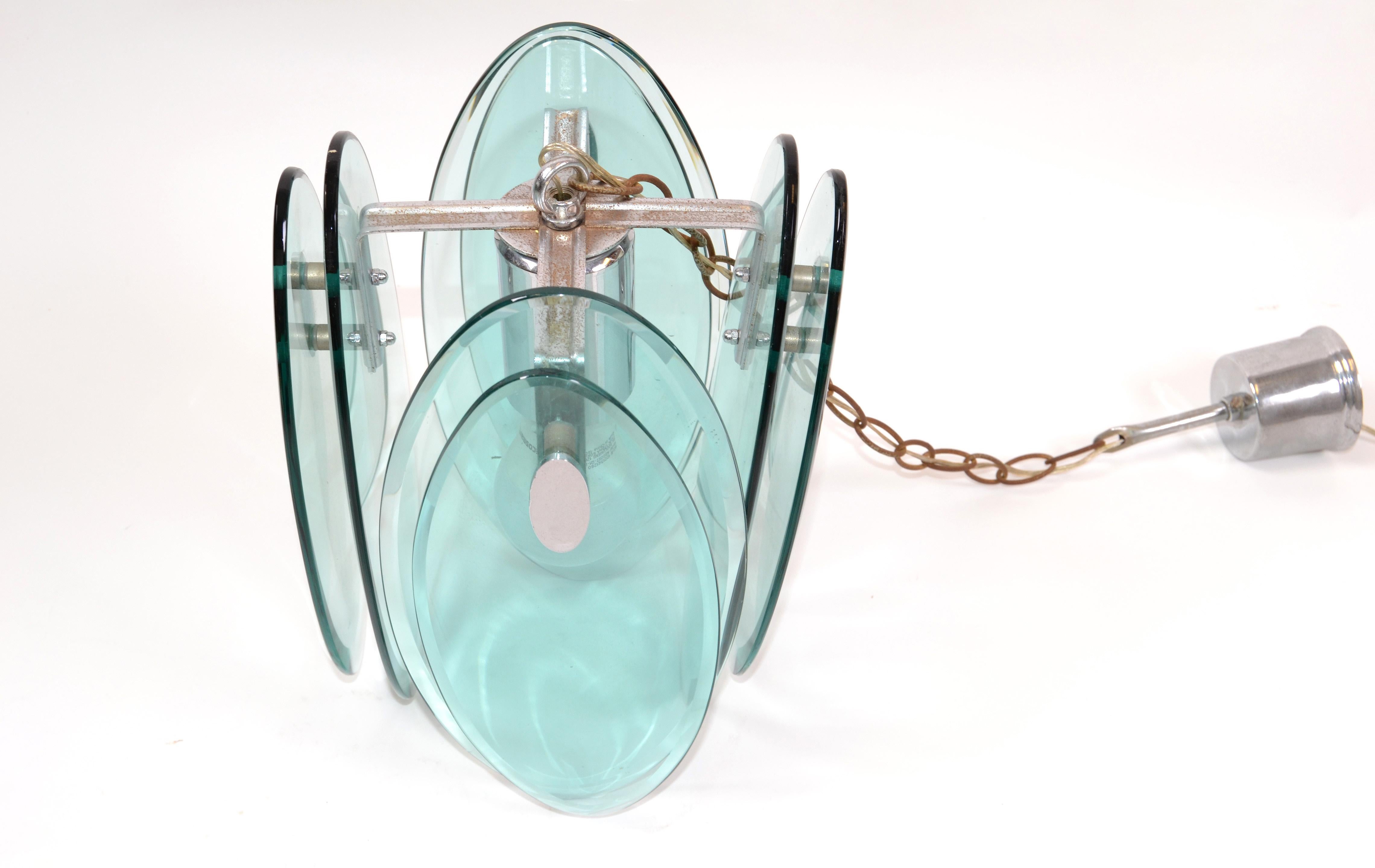 Art Glass Fontana Arte Mid-Century Modern Beveled Glass and Chrome Pendant Light Fixture For Sale