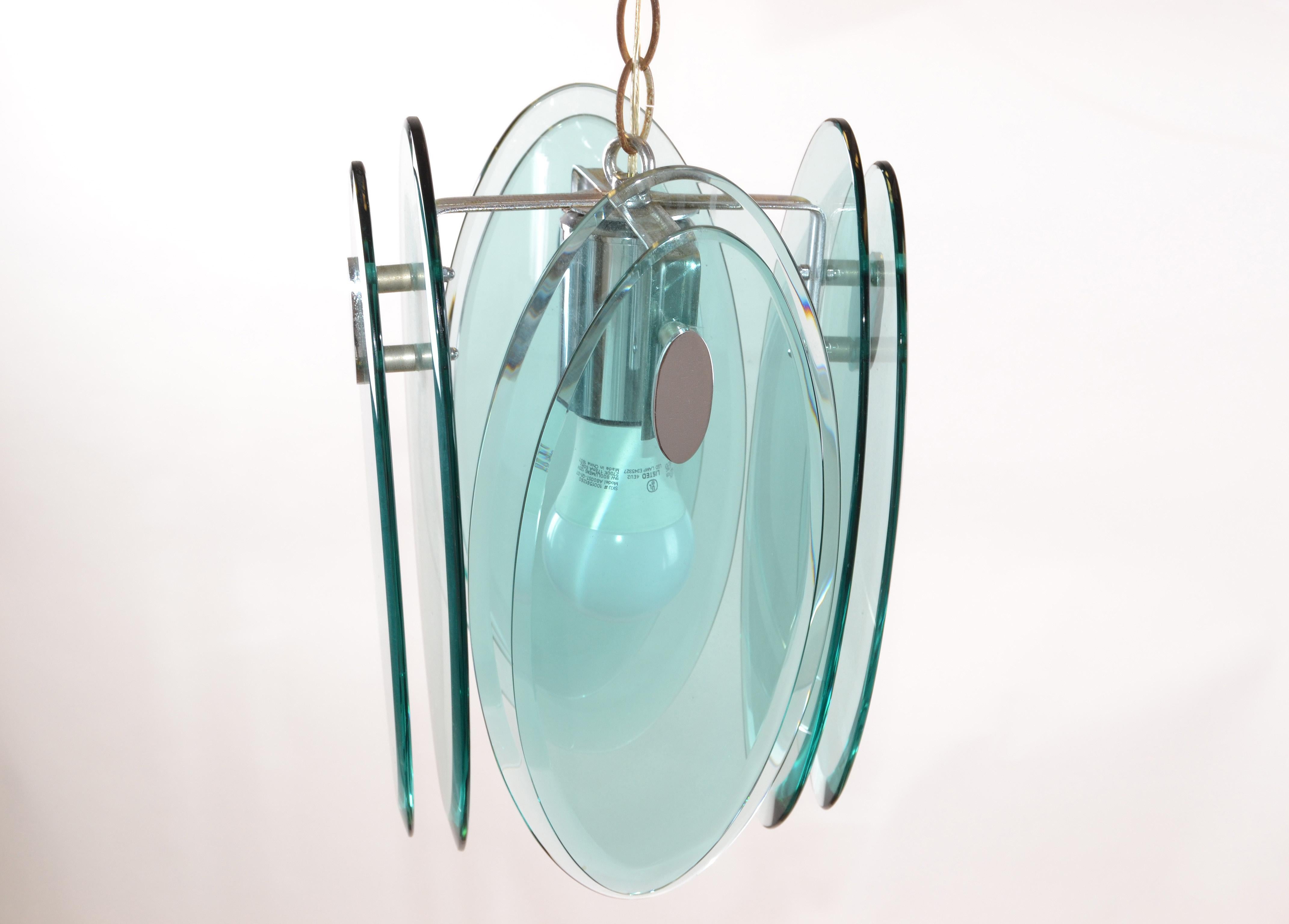 Fontana Arte Mid-Century Modern Beveled Glass and Chrome Pendant Light Fixture For Sale 2