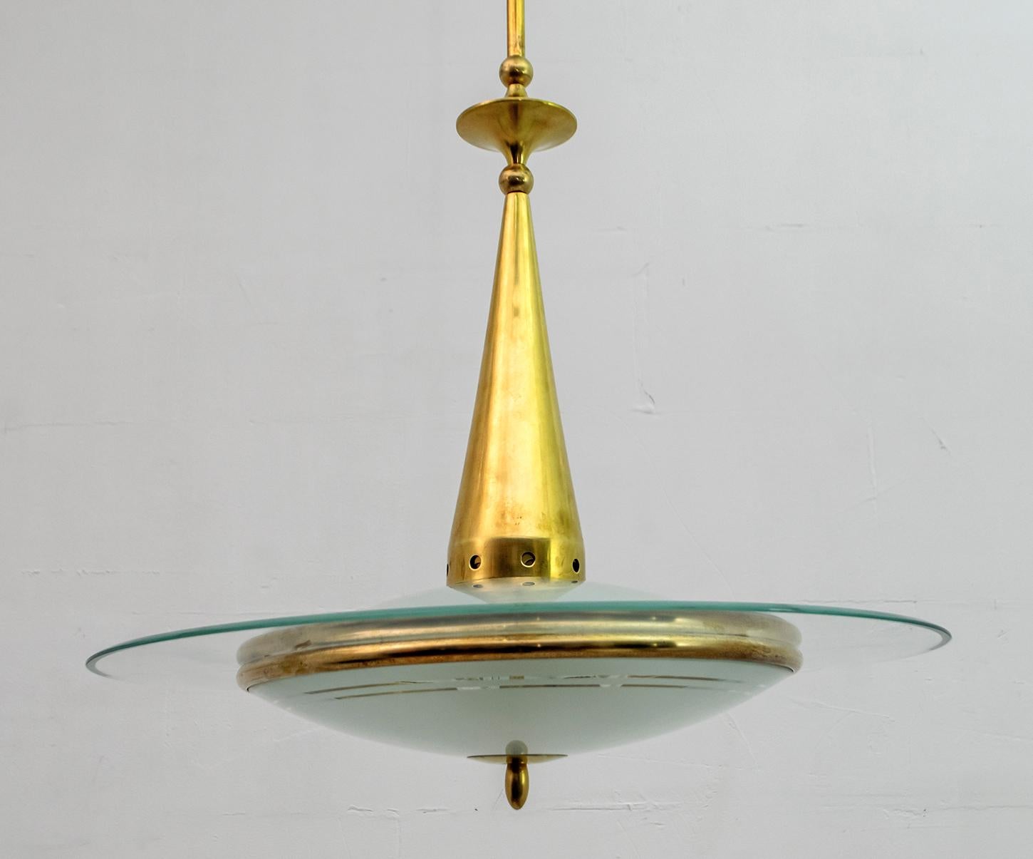 Fontana Arte Mid-Century Modern Italian Brass and Glass Chandelier, 1950s 3