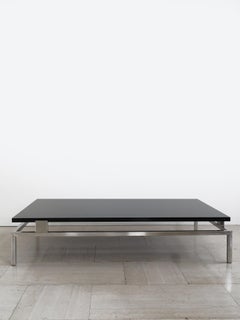 Fontana Arte Midcentury Black Glass Sofa Table with Metal Structure, Italy 1970s