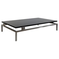 Fontana Arte Midcentury Black Glass Sofa Table with Metal Structure, Italy 1970s