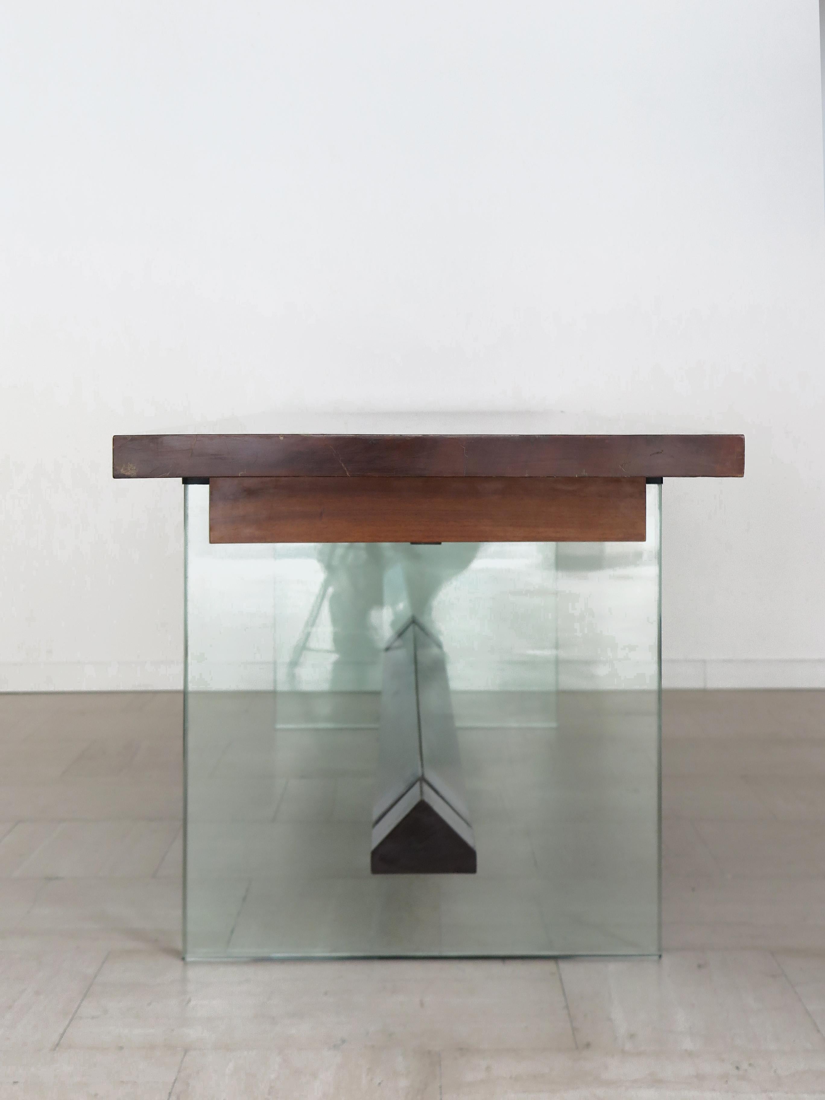 Table de salle à manger à consoles en verre et Wood Wood, Italie, milieu du siècle, Fontana Arte, années 1960 en vente 4
