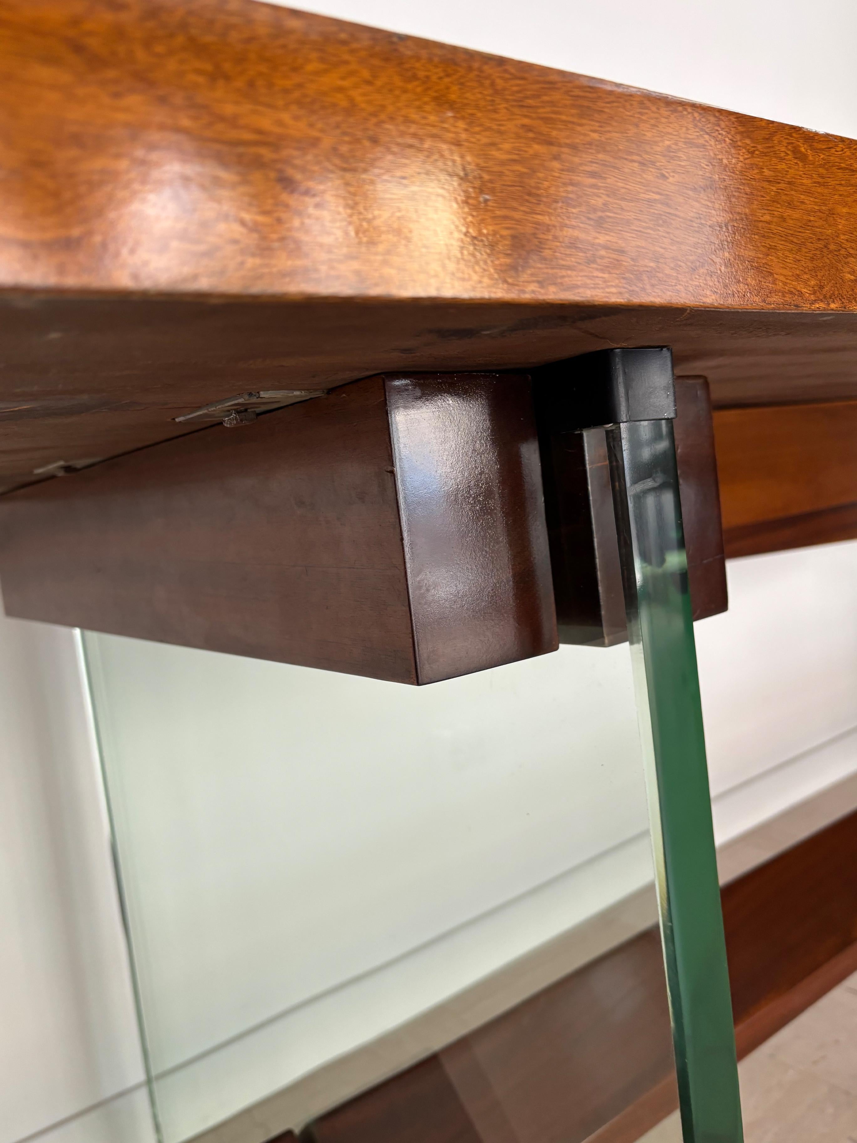 Table de salle à manger à consoles en verre et Wood Wood, Italie, milieu du siècle, Fontana Arte, années 1960 en vente 6