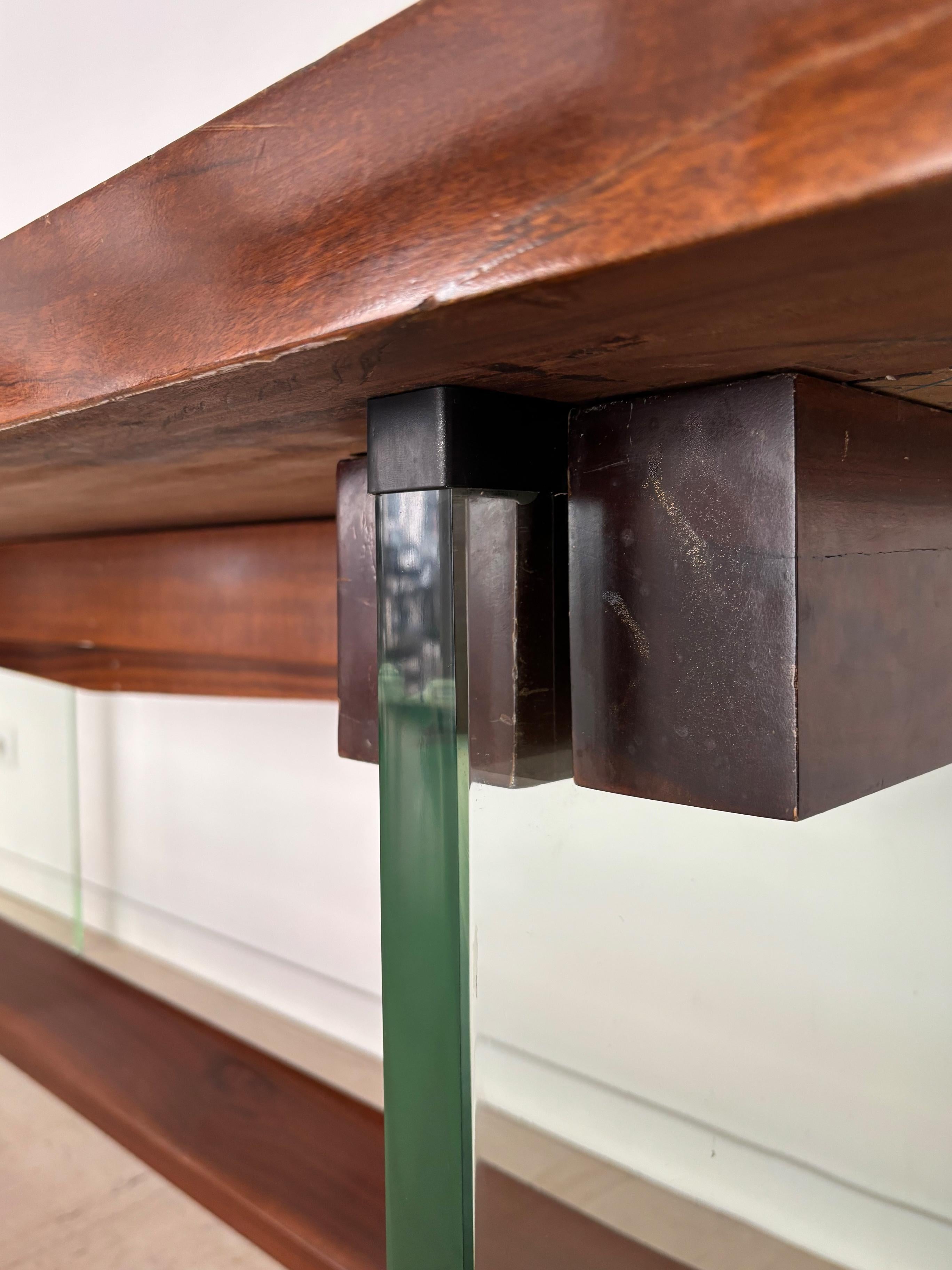 Table de salle à manger à consoles en verre et Wood Wood, Italie, milieu du siècle, Fontana Arte, années 1960 en vente 7