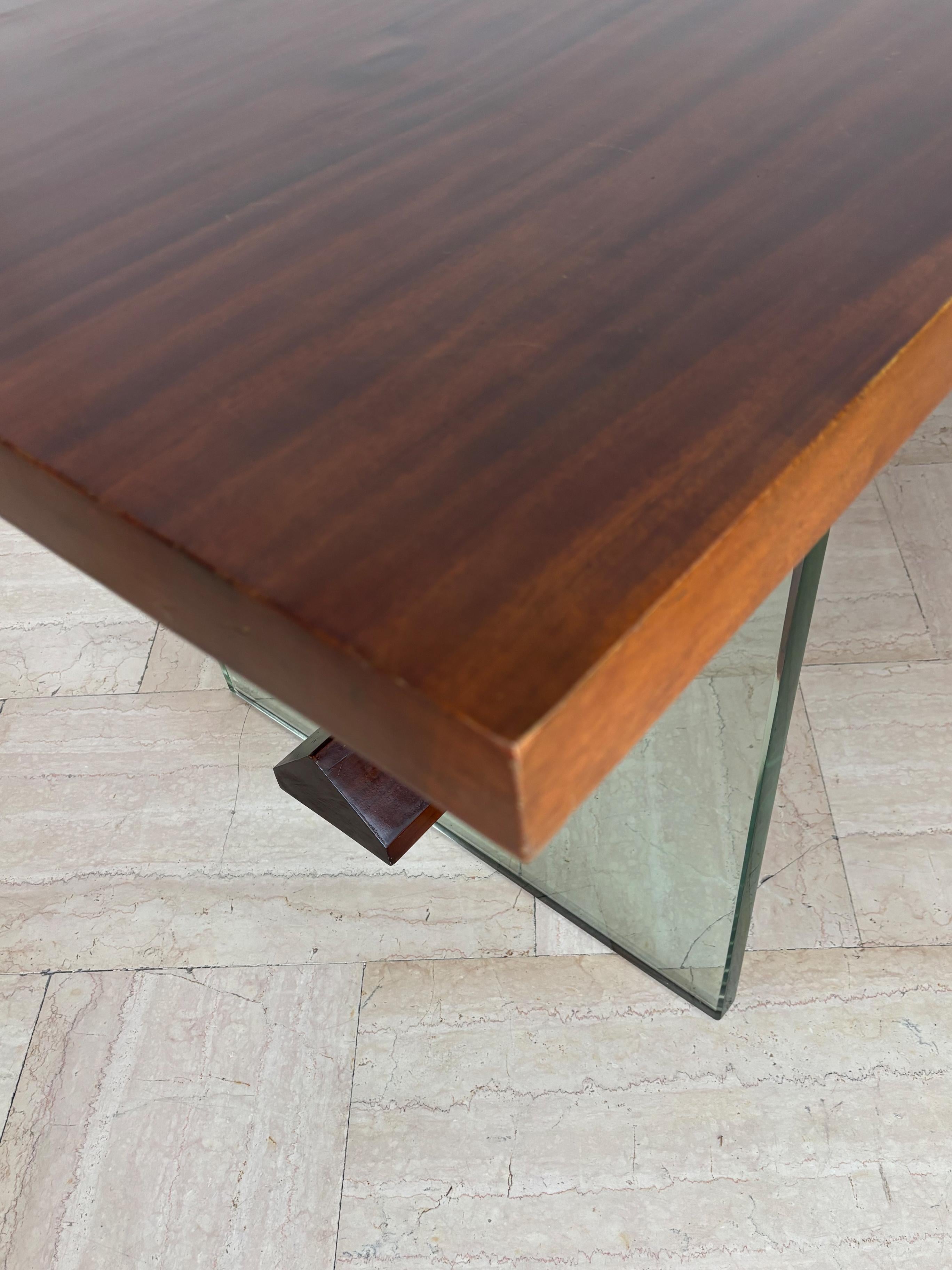 Table de salle à manger à consoles en verre et Wood Wood, Italie, milieu du siècle, Fontana Arte, années 1960 en vente 8