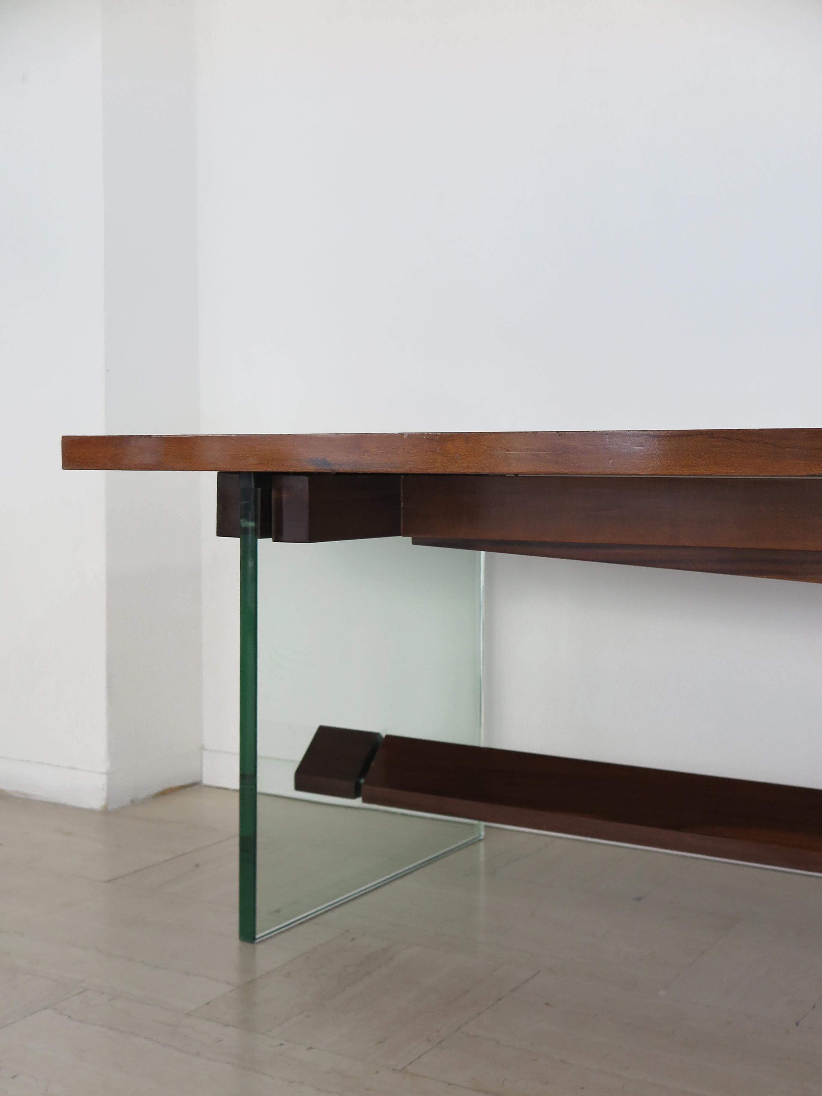 Mid-Century Modern Table de salle à manger à consoles en verre et Wood Wood, Italie, milieu du siècle, Fontana Arte, années 1960 en vente