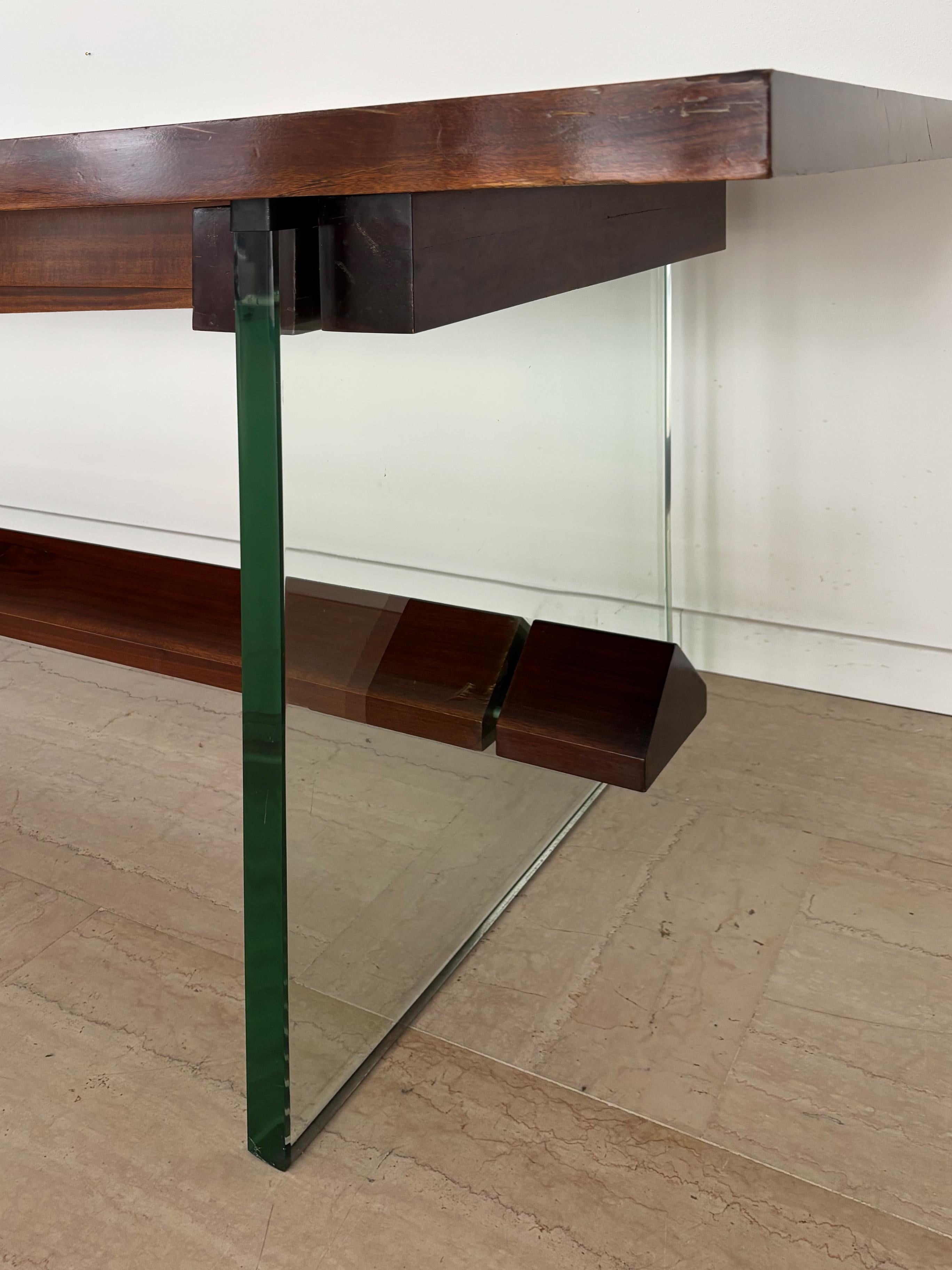 Table de salle à manger à consoles en verre et Wood Wood, Italie, milieu du siècle, Fontana Arte, années 1960 en vente 2