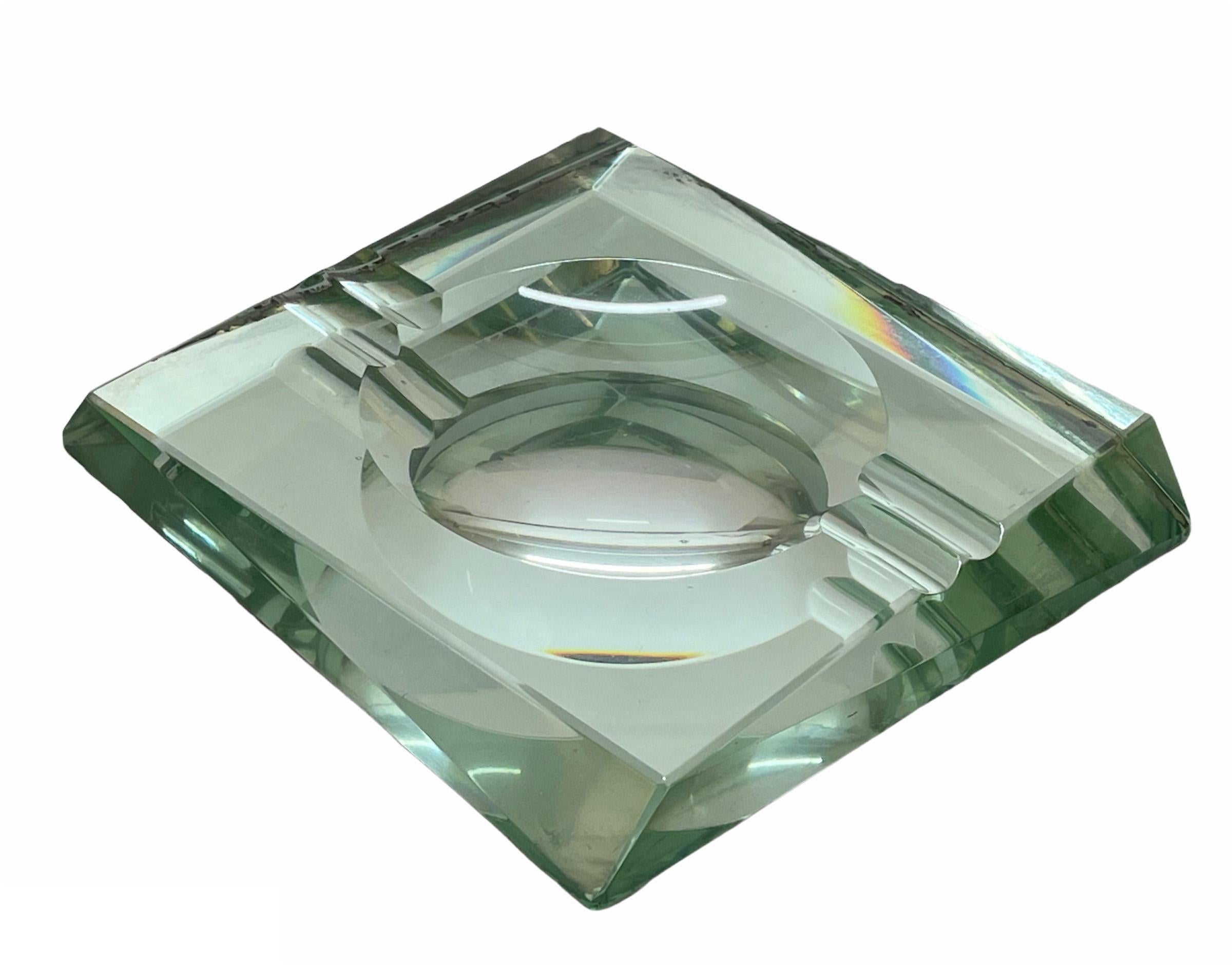 20th Century Fontana Arte Midcentury Green Crystal Glass Squared Italian Ashtray, 1960s