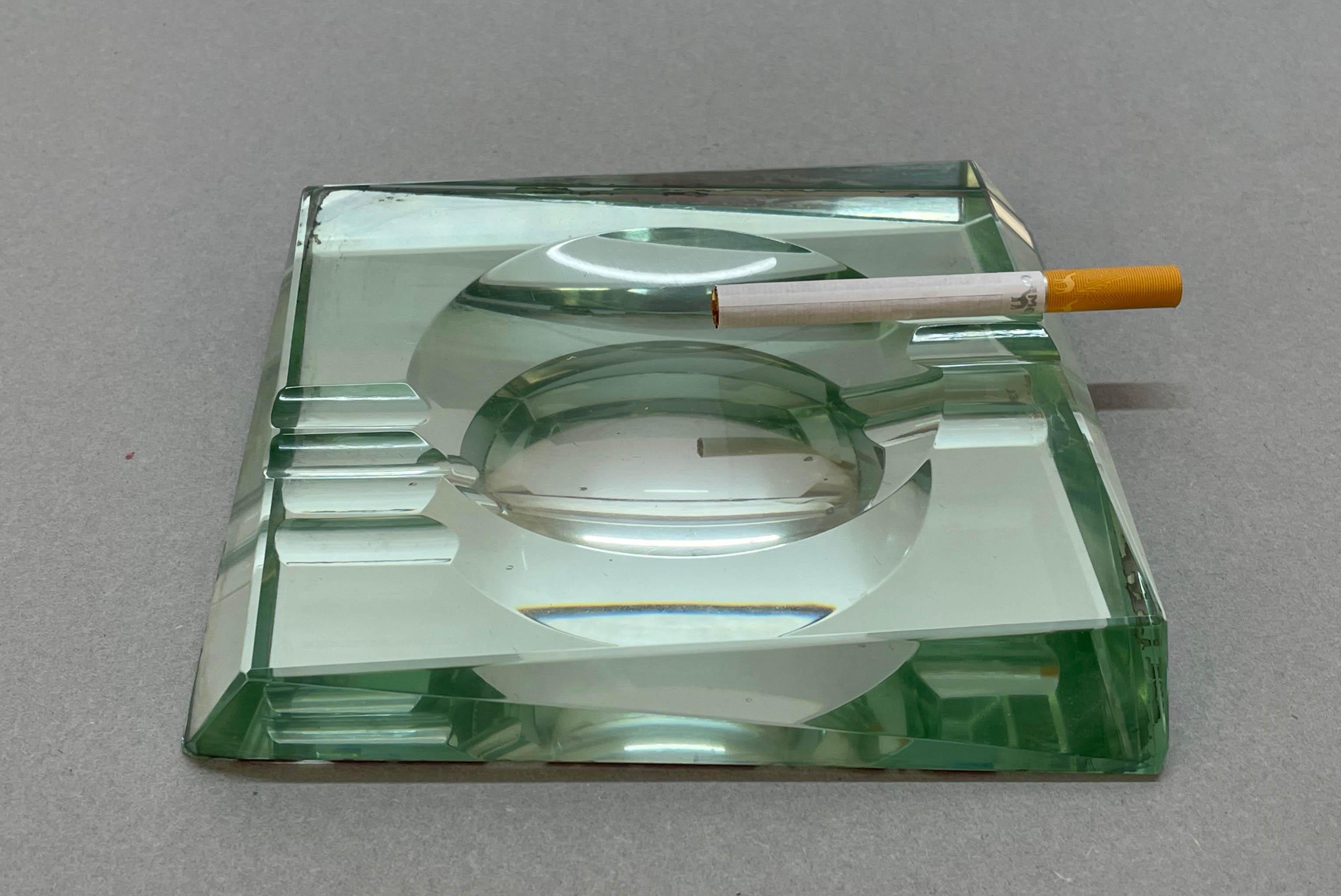 Fontana Arte Midcentury Green Crystal Glass Squared Italian Ashtray, 1960s 3