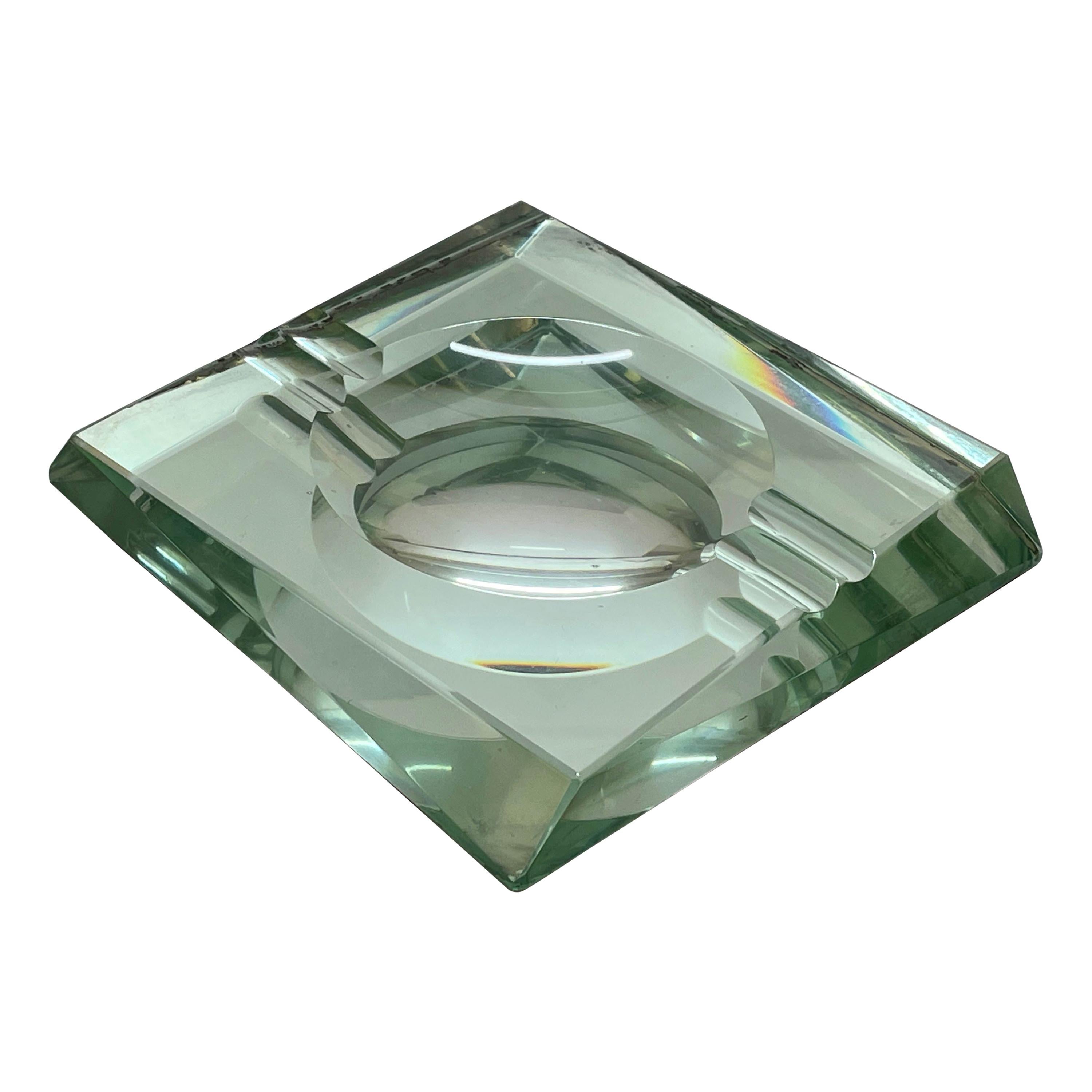 Fontana Arte Midcentury Green Crystal Glass Squared Italian Ashtray, 1960s