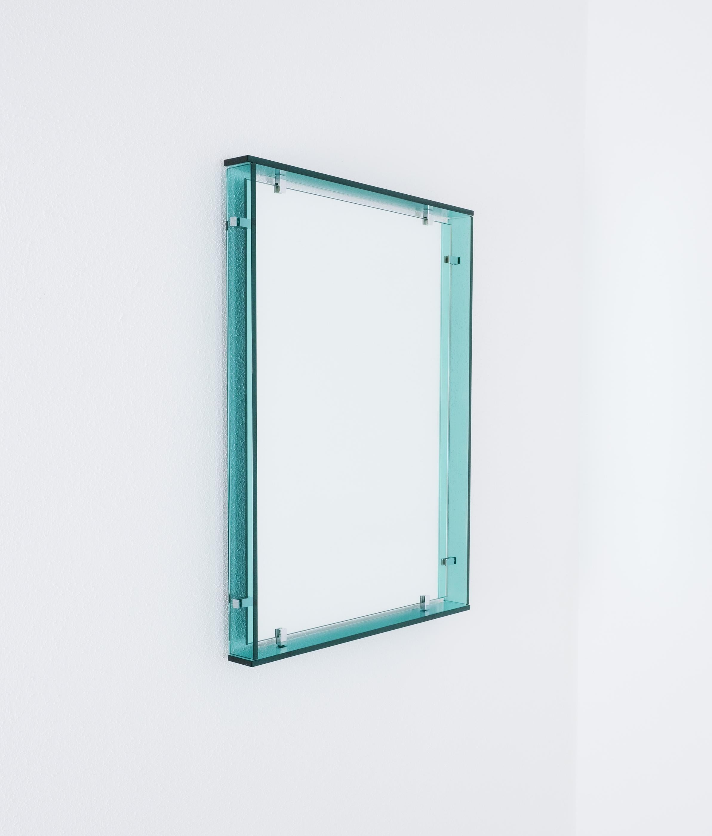 Brass Fontana Arte Model 2014 Rectangular Floating Blue Glass Mirror, 1960