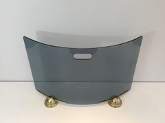 Fontana Arte, Modernist Curved Blue Glass and Brass Fire Place Screen, Italy