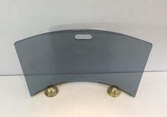 Fontana Arte, Modernist Curved Blue Glass and Brass Fire Place Screen, Italy