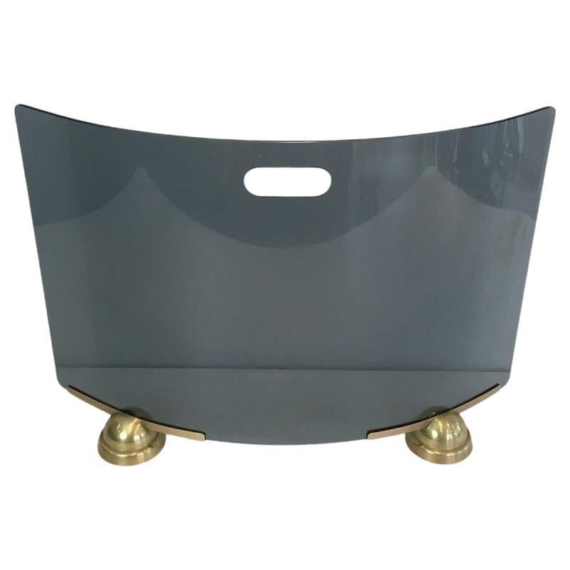 Fontana Arte, Pantalla de chimenea modernista curvada de vidrio azul y latón, Italia en venta