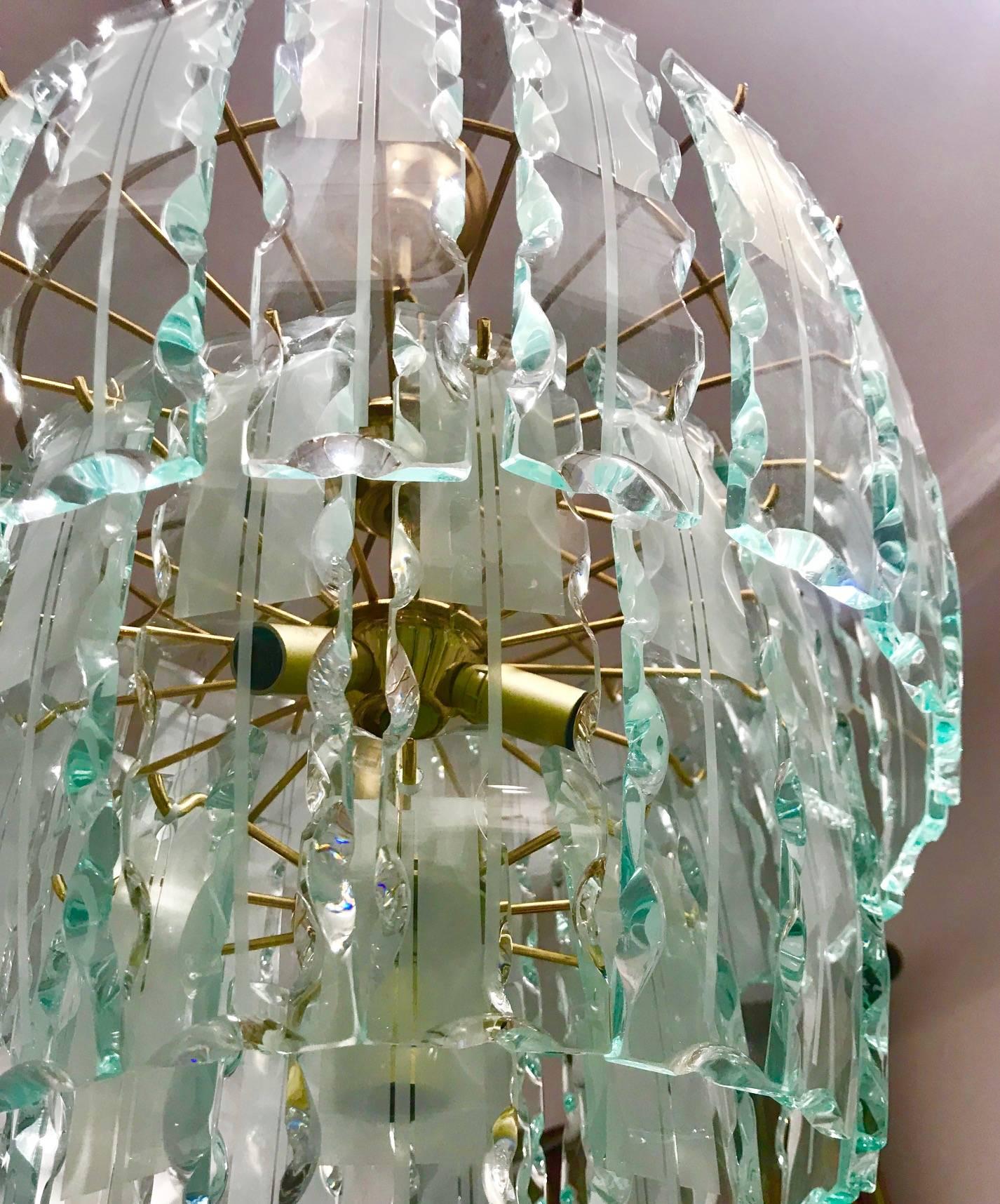 Mid-Century Modern Fontana Arte mid-century chandelier Murano Crystal Gilt Frame, 1970 For Sale