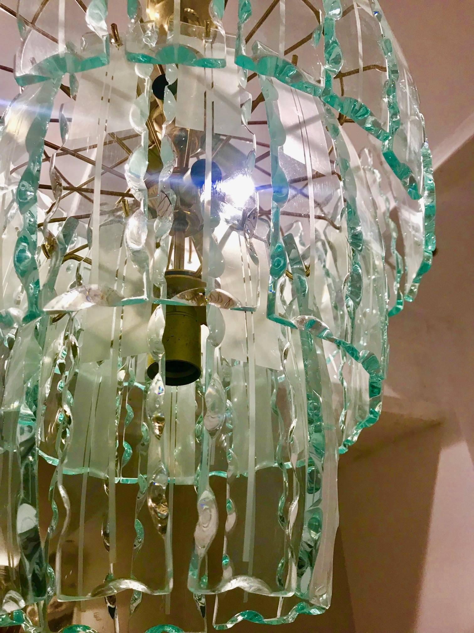 Italian Fontana Arte mid-century chandelier Murano Crystal Gilt Frame, 1970 For Sale