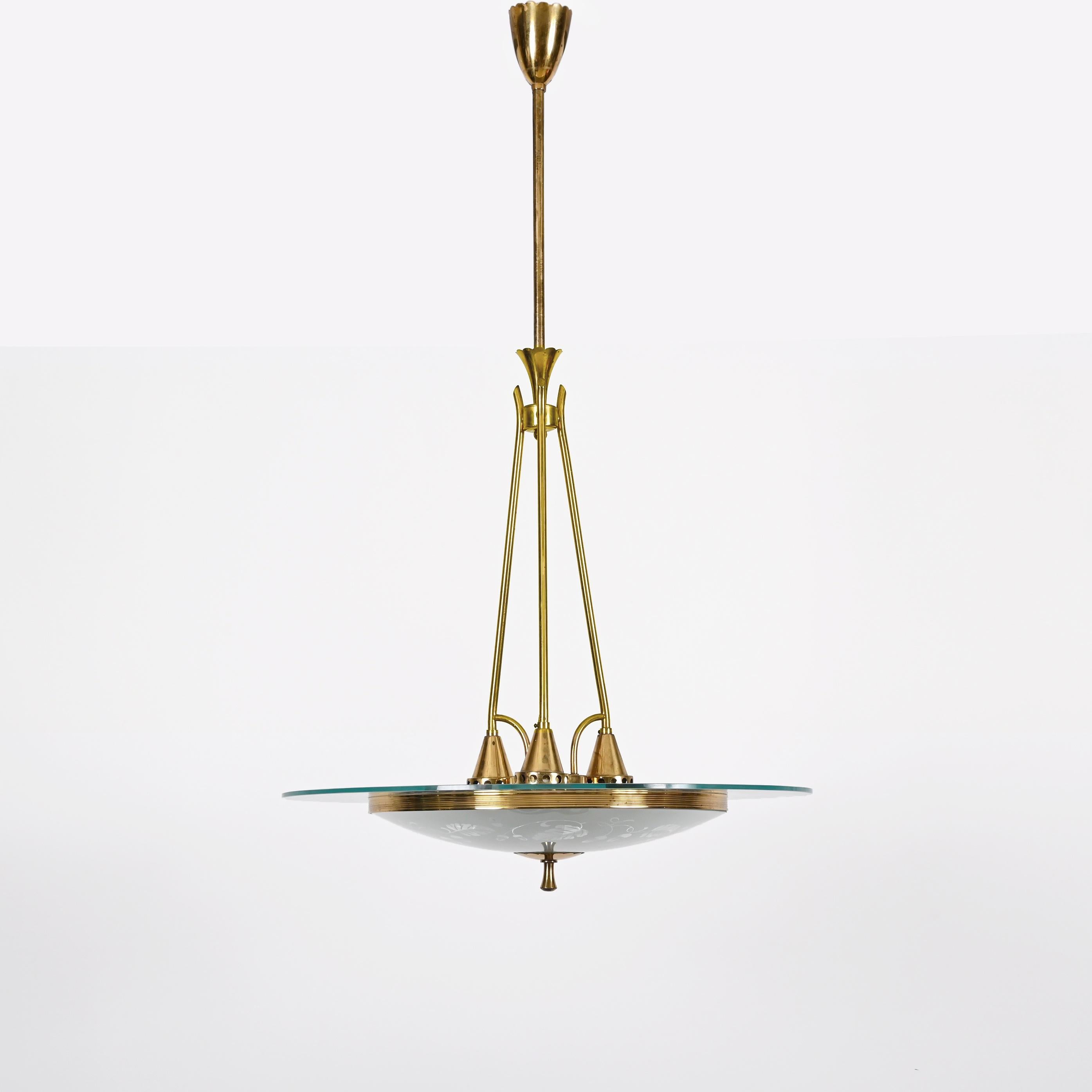 Mid-Century Modern Fontana Arte Murano Glass and Brass Italian Chandelier, Pietro Chiesa, 1940s