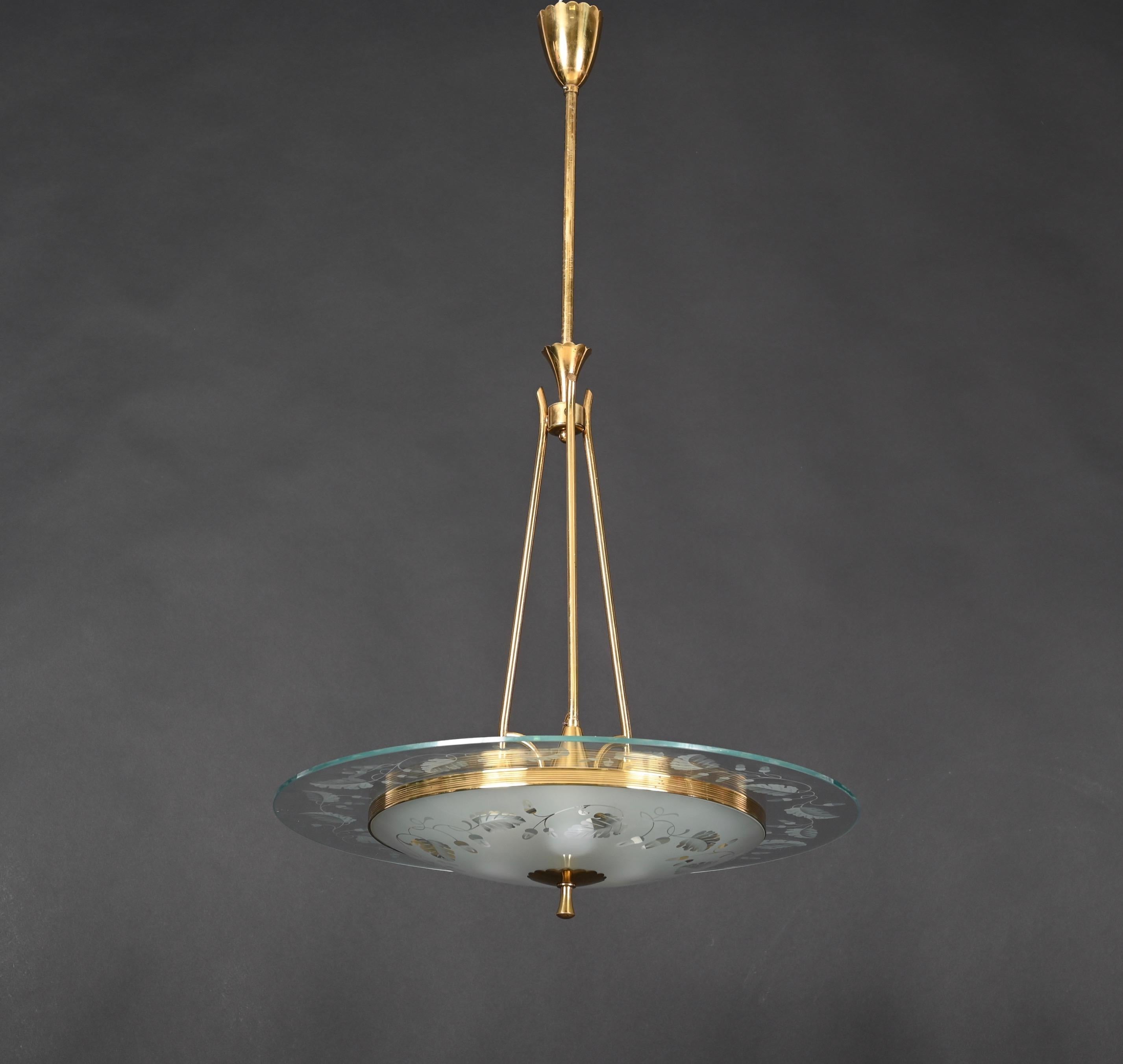 Fontana Arte Murano Glass and Brass Italian Chandelier, Pietro Chiesa, 1940s 1