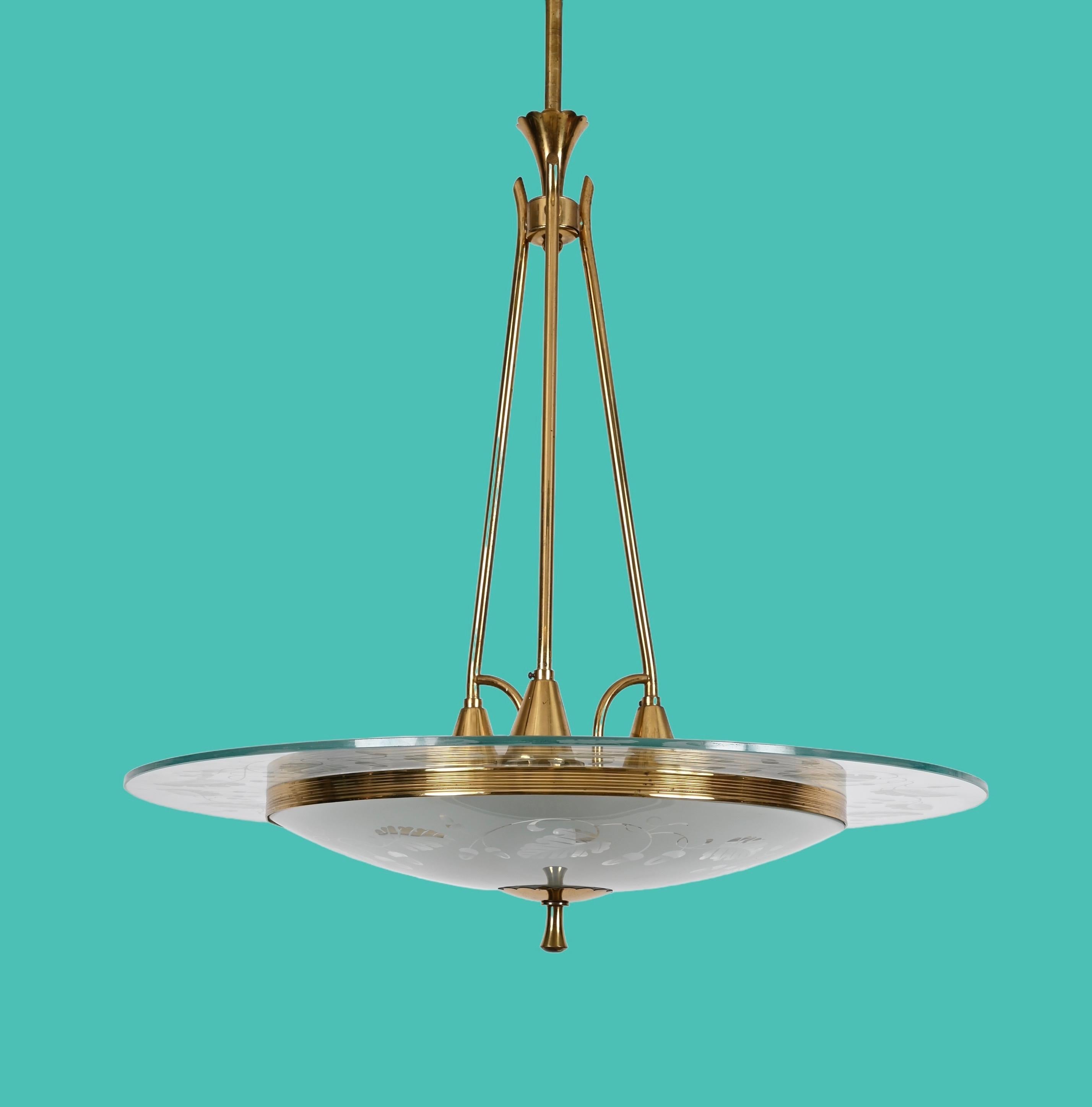Fontana Arte Italienischer Kronleuchter aus Muranoglas und Messing, Pietro Chiesa, 1940er Jahre im Angebot 3