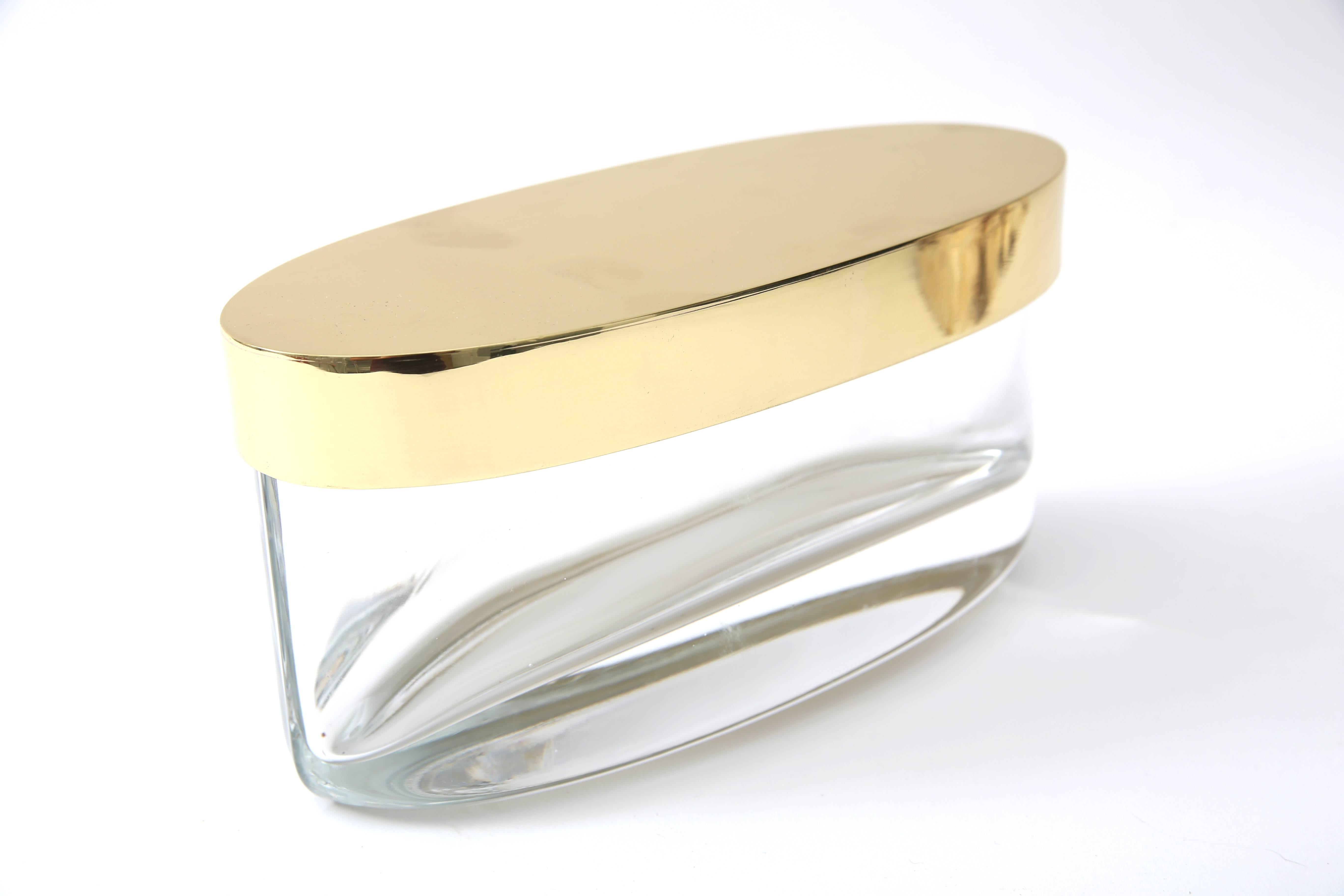 Mid-Century Modern Oval-Form Lidded Box in Crystal and Brass