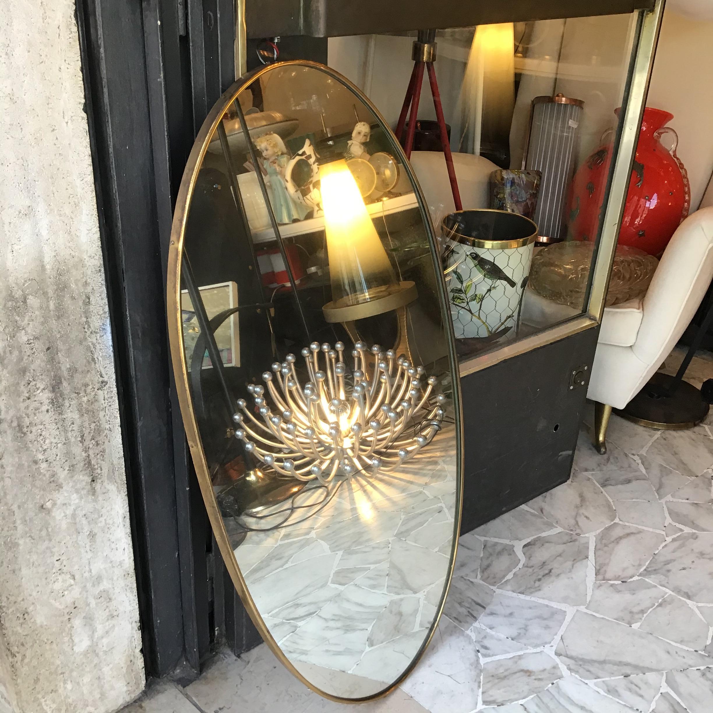 Italian Fontana Arte  Ovale Mirror Brass Wood Mirrored Glass 1950 Italy  For Sale
