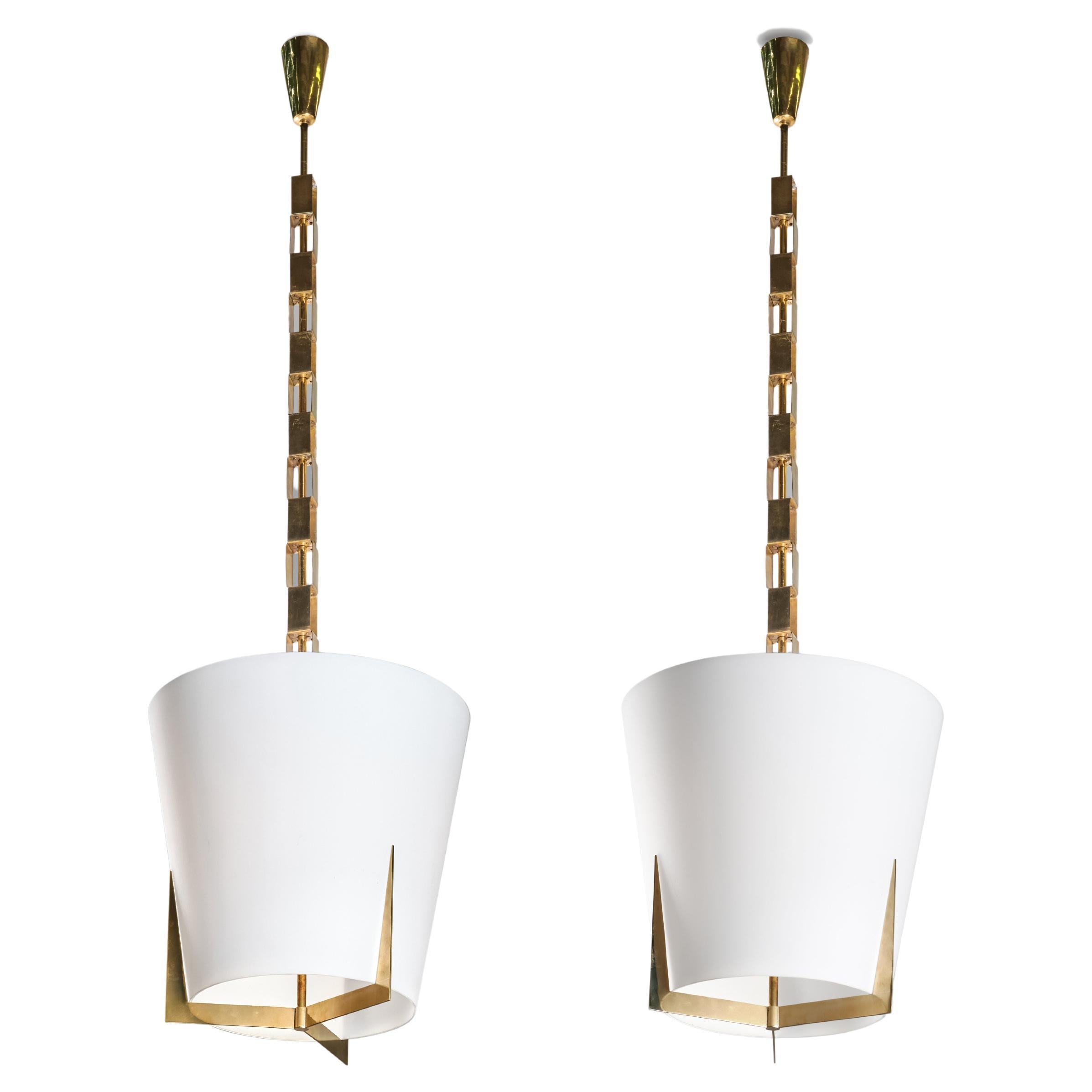 Fontana Arte pair of brass and glass chandeliers, Italian Design 1960 circa For Sale