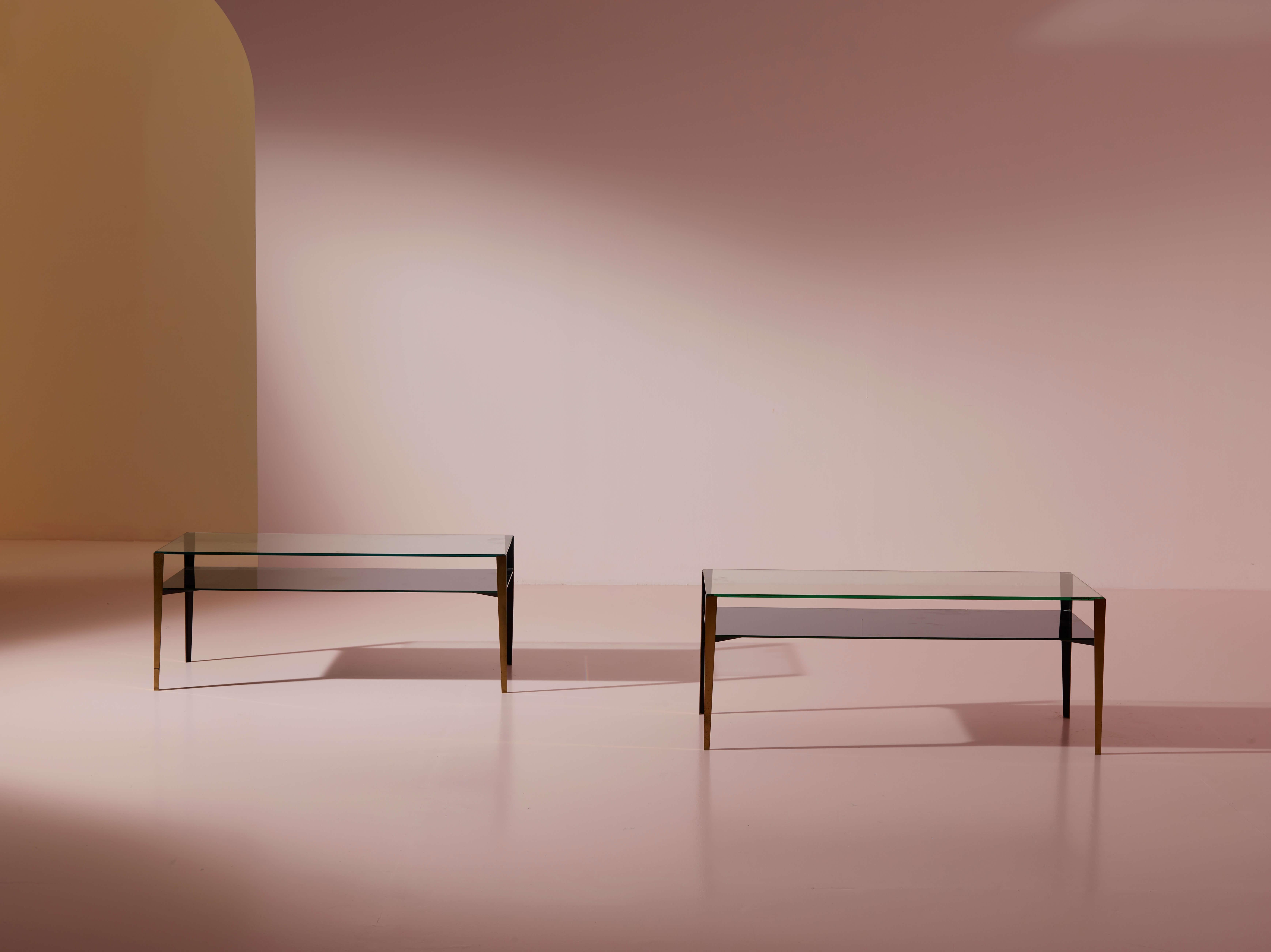 Italian Fontana Arte pair of coffee tables Model 2341 made of brass & glass, Italy 1960s For Sale