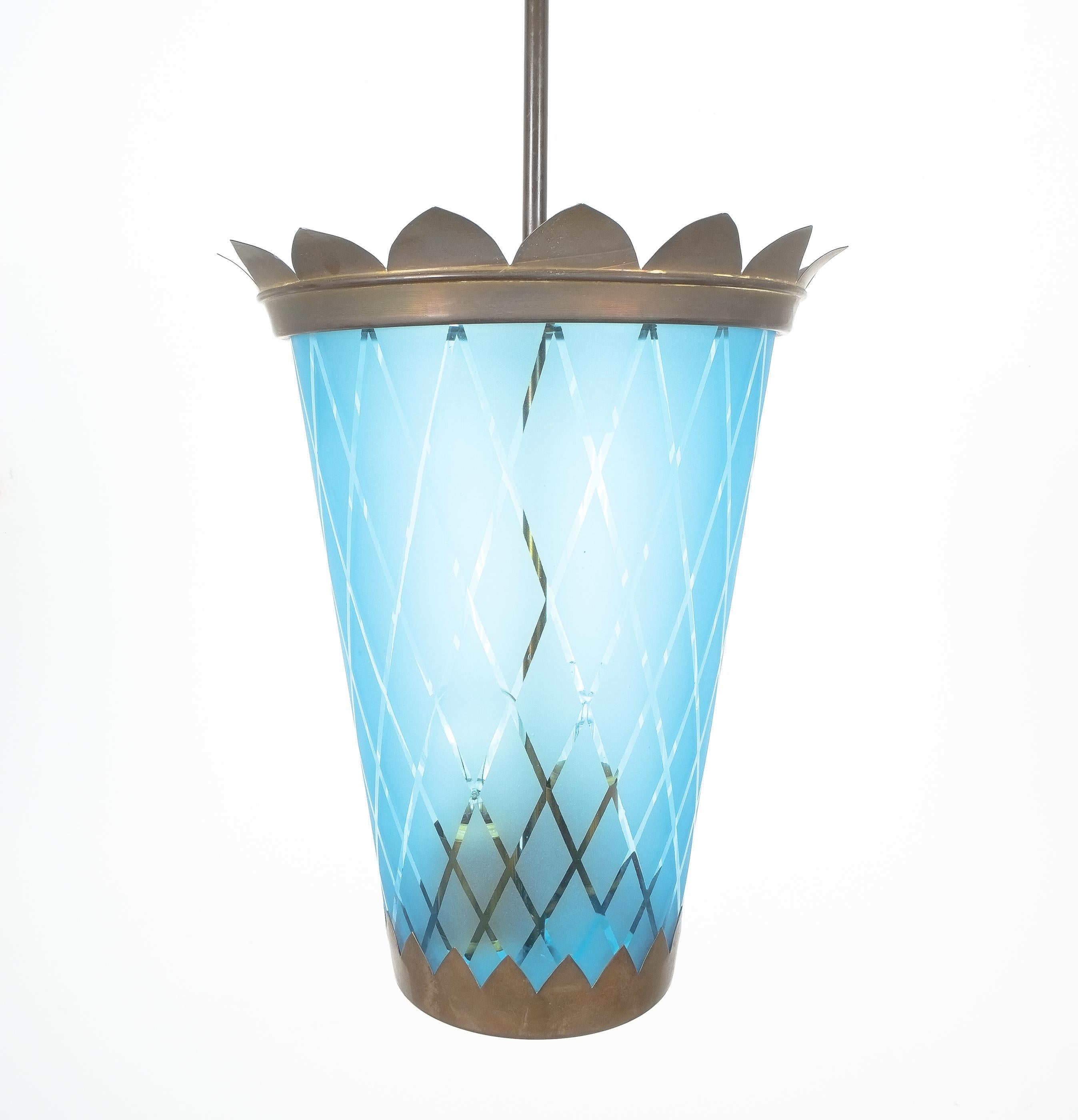 Art Deco Fontana Arte Pendant Lamp Lantern Blue Glass Brass, Italy, 1940 For Sale 6