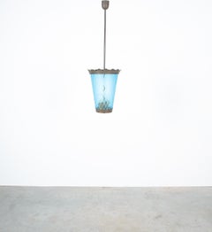 Art Deco Fontana Arte Pendant Lamp Lantern Blue Glass Brass, Italy, 1940