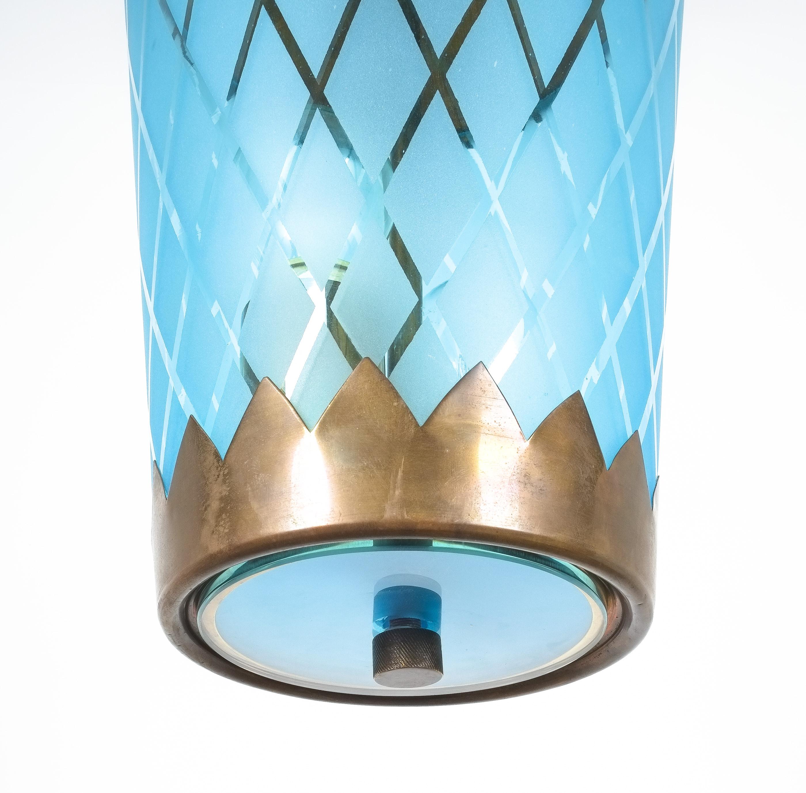 Italian Art Deco Fontana Arte Pendant Lamp Lantern Blue Glass Brass, Italy, 1940 For Sale