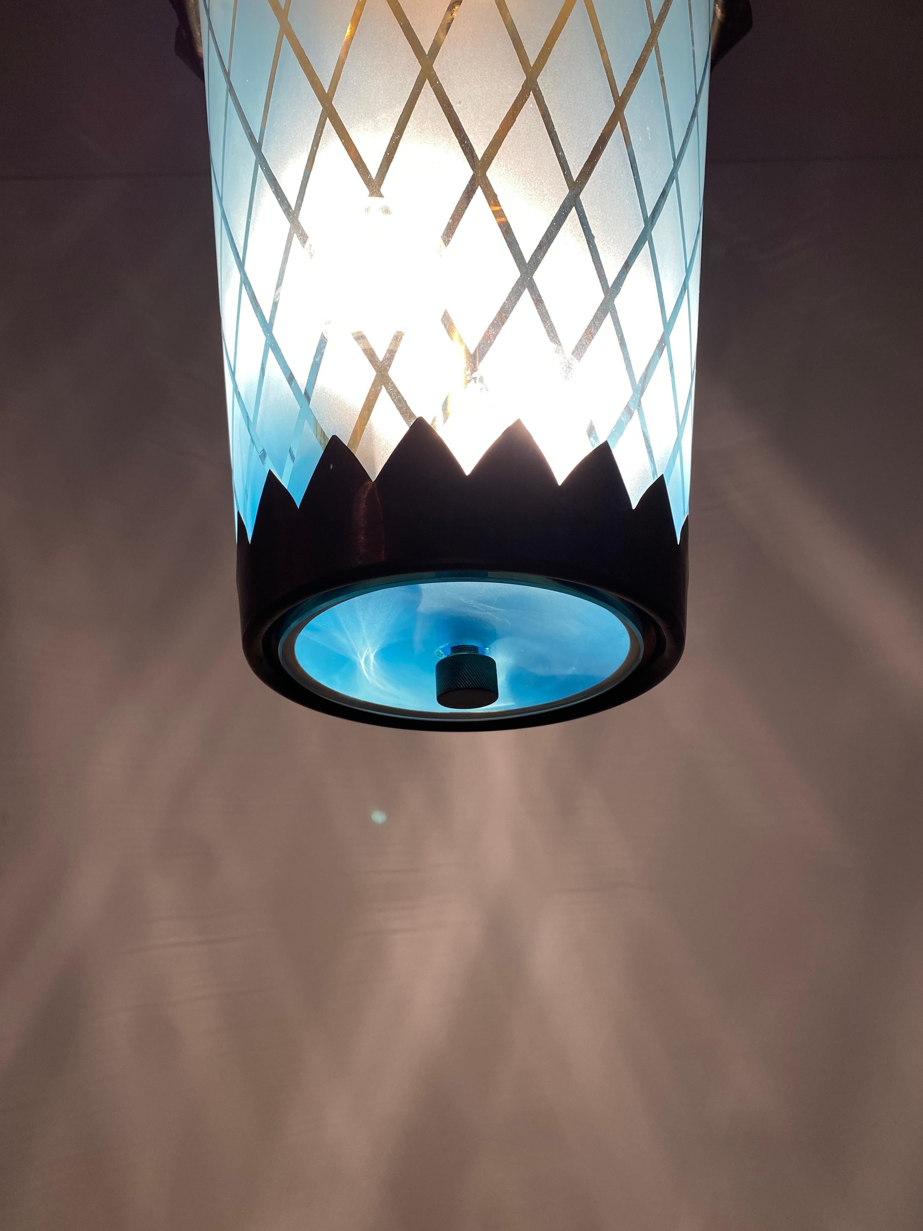 Mid-20th Century Art Deco Fontana Arte Pendant Lamp Lantern Blue Glass Brass, Italy, 1940 For Sale