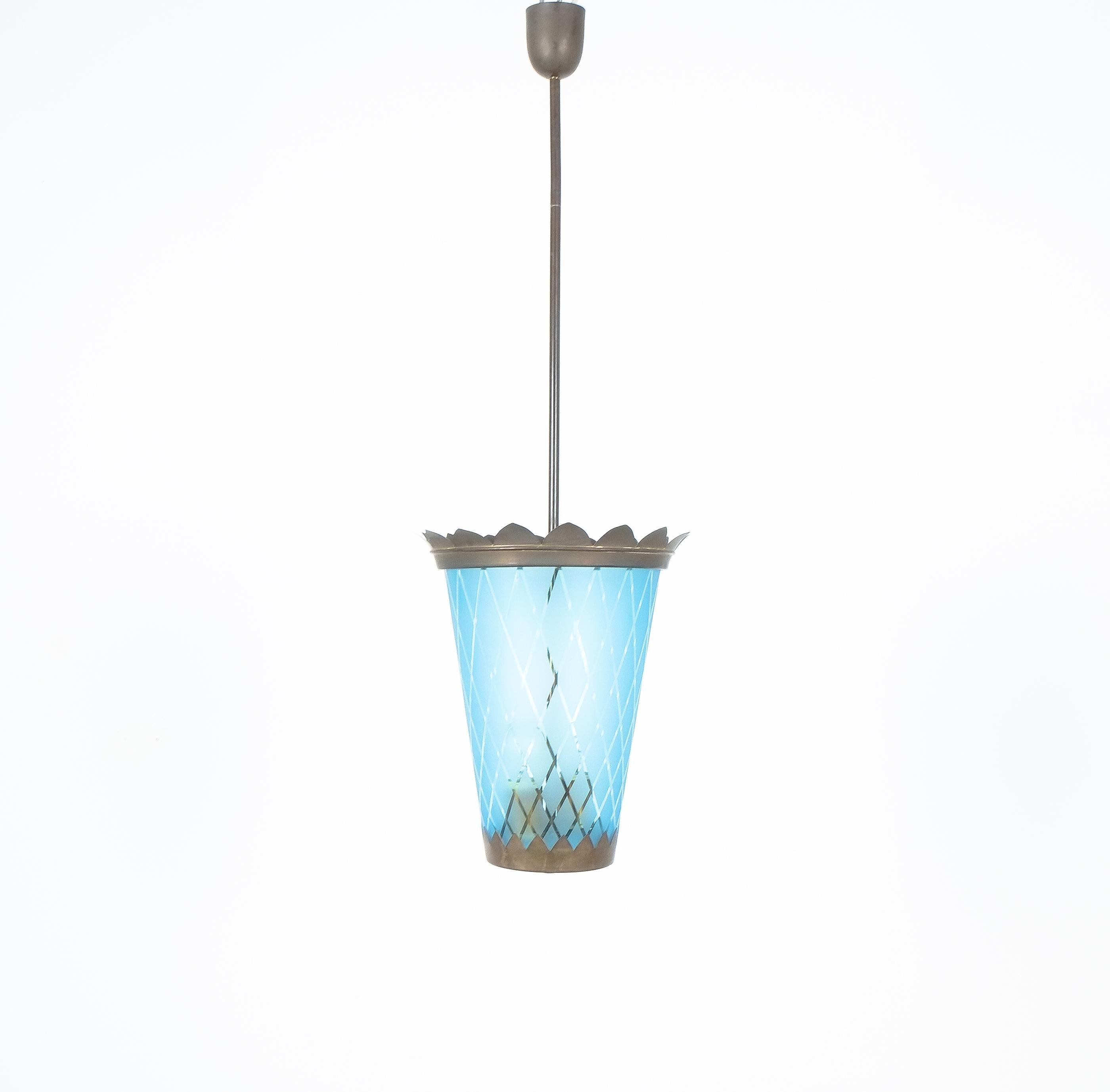 Art Deco Fontana Arte Pendant Lamp Lantern Blue Glass Brass, Italy, 1940 For Sale 2