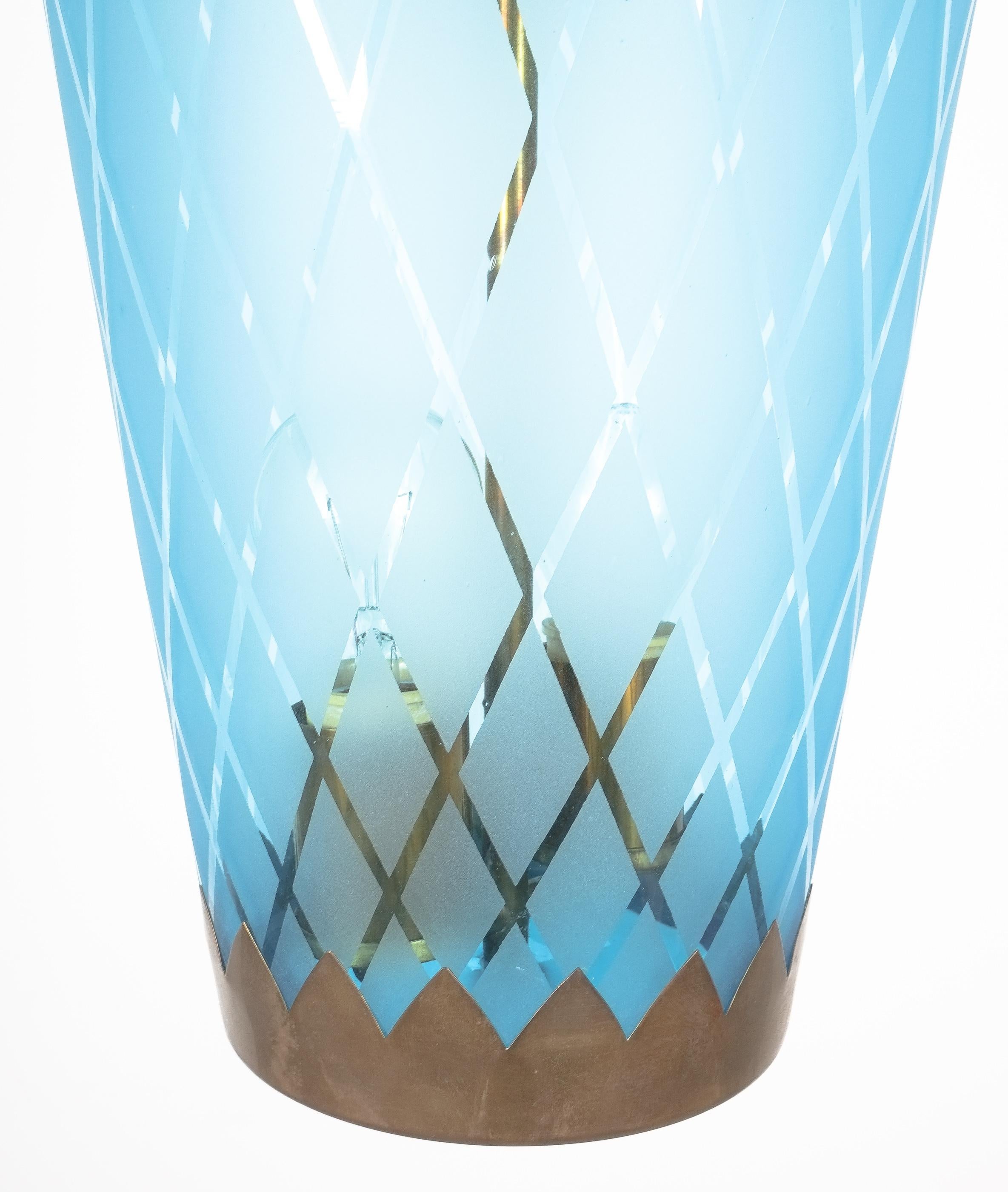 Art Deco Fontana Arte Pendant Lamp Lantern Blue Glass Brass, Italy, 1940 For Sale 3