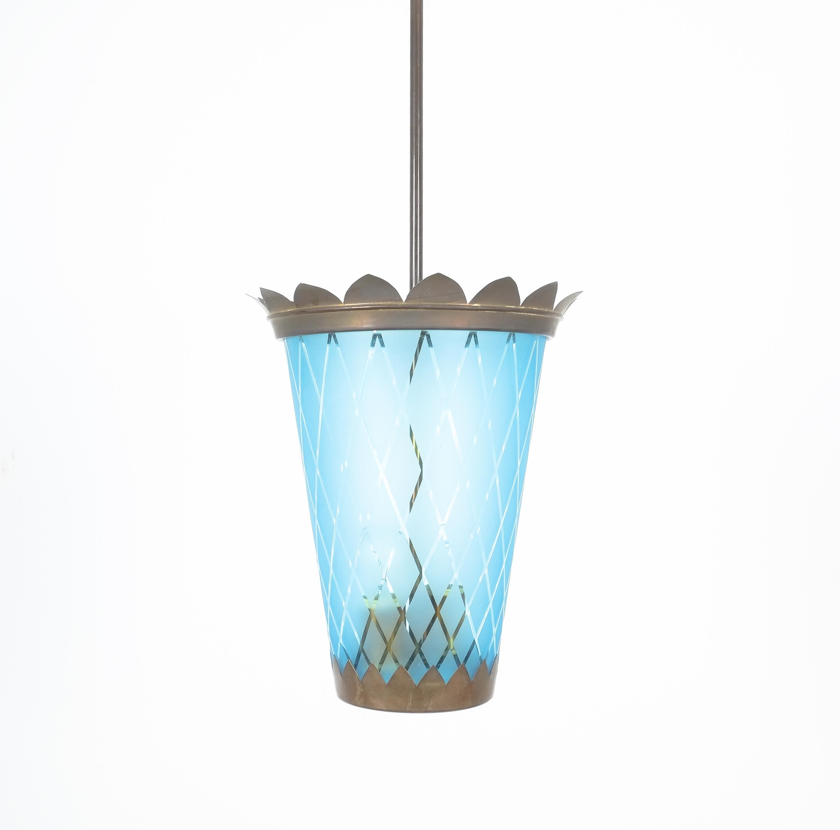 Art Deco Fontana Arte Pendant Lamp Lantern Blue Glass Brass, Italy, 1940 For Sale 4