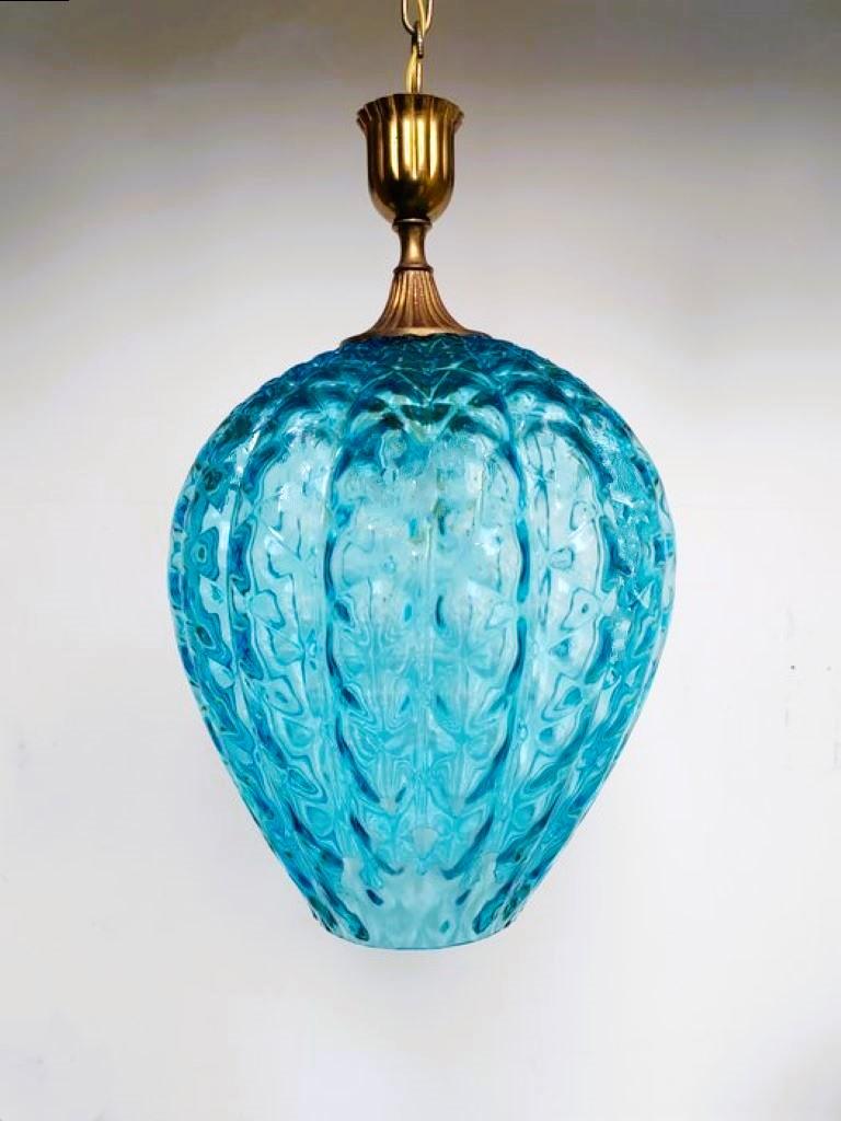 Fontana Arte Pendant Murano Blue Glass Brass Lantern, Italy, 1950s In Good Condition For Sale In Frankfurt am Main, DE
