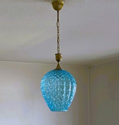 Murano Blue Glass Brass Pendant or Lantern Fontana Arte Style, Italy, 1950s